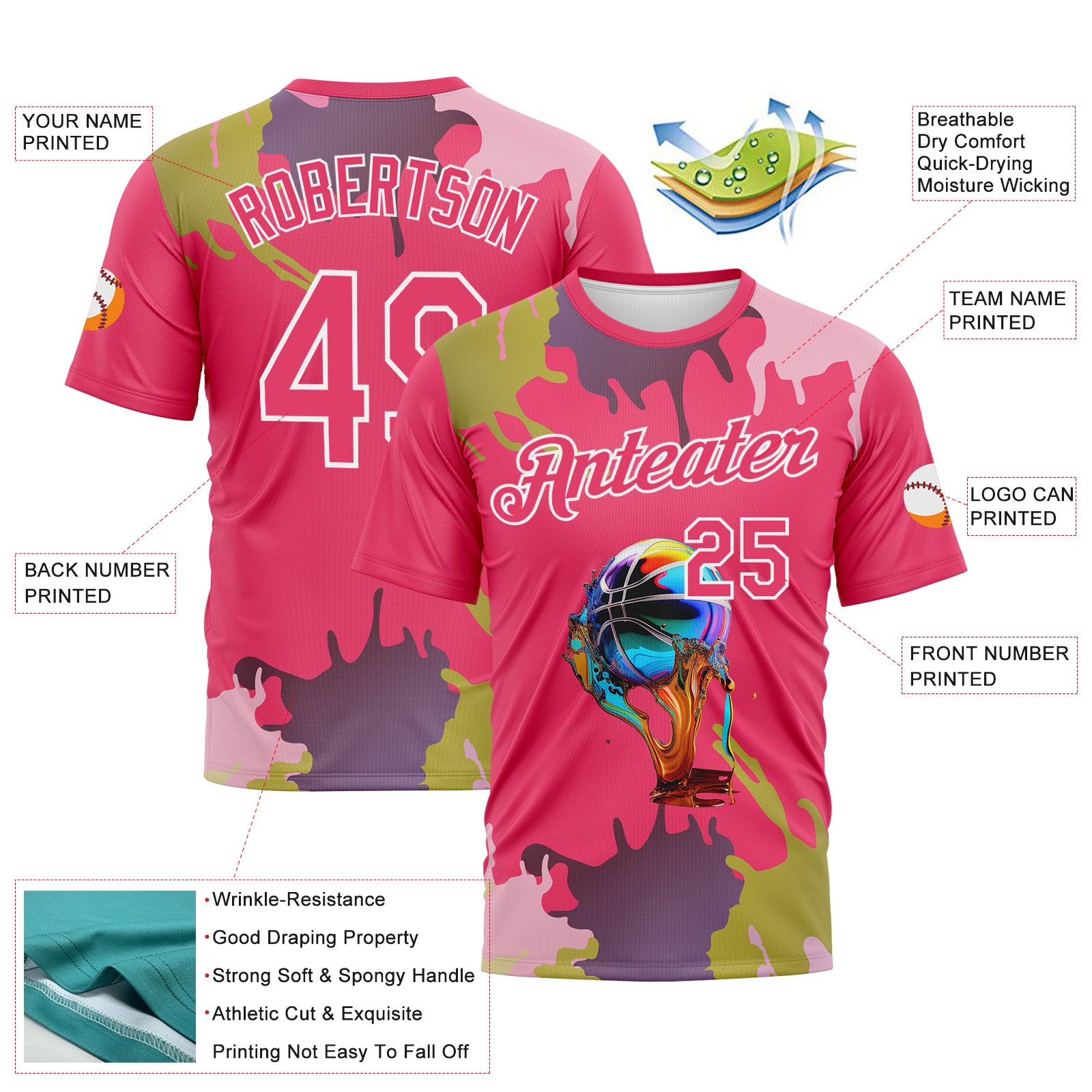 Custom Neon Pink-White 3D Pattern Paint Splash Basketball Graffiti Style Performance T-Shirt