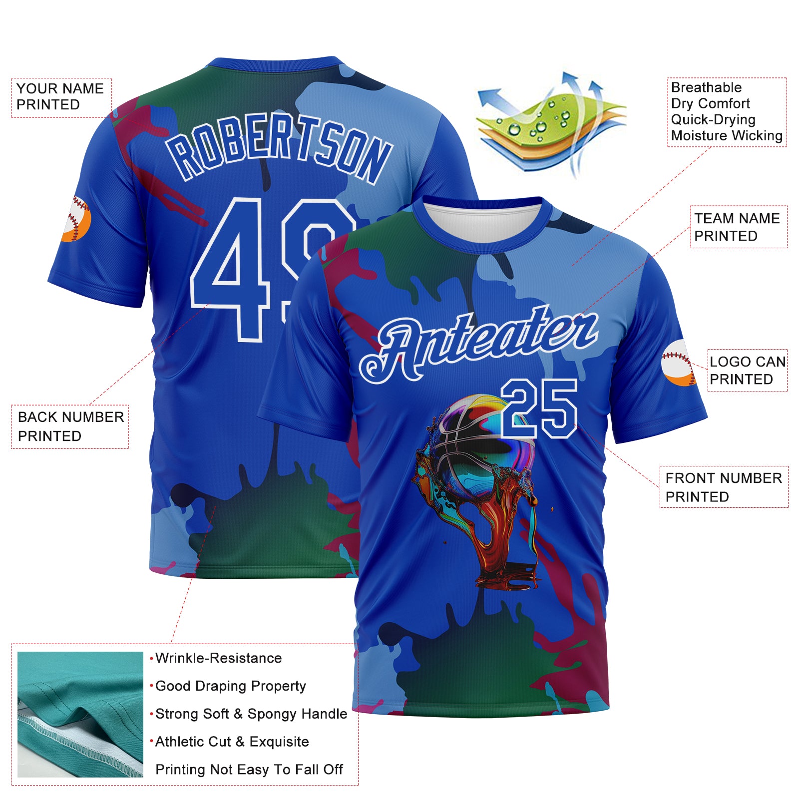 Custom Thunder Blue-White 3D Pattern Paint Splash Basketball Graffiti Style Performance T-Shirt