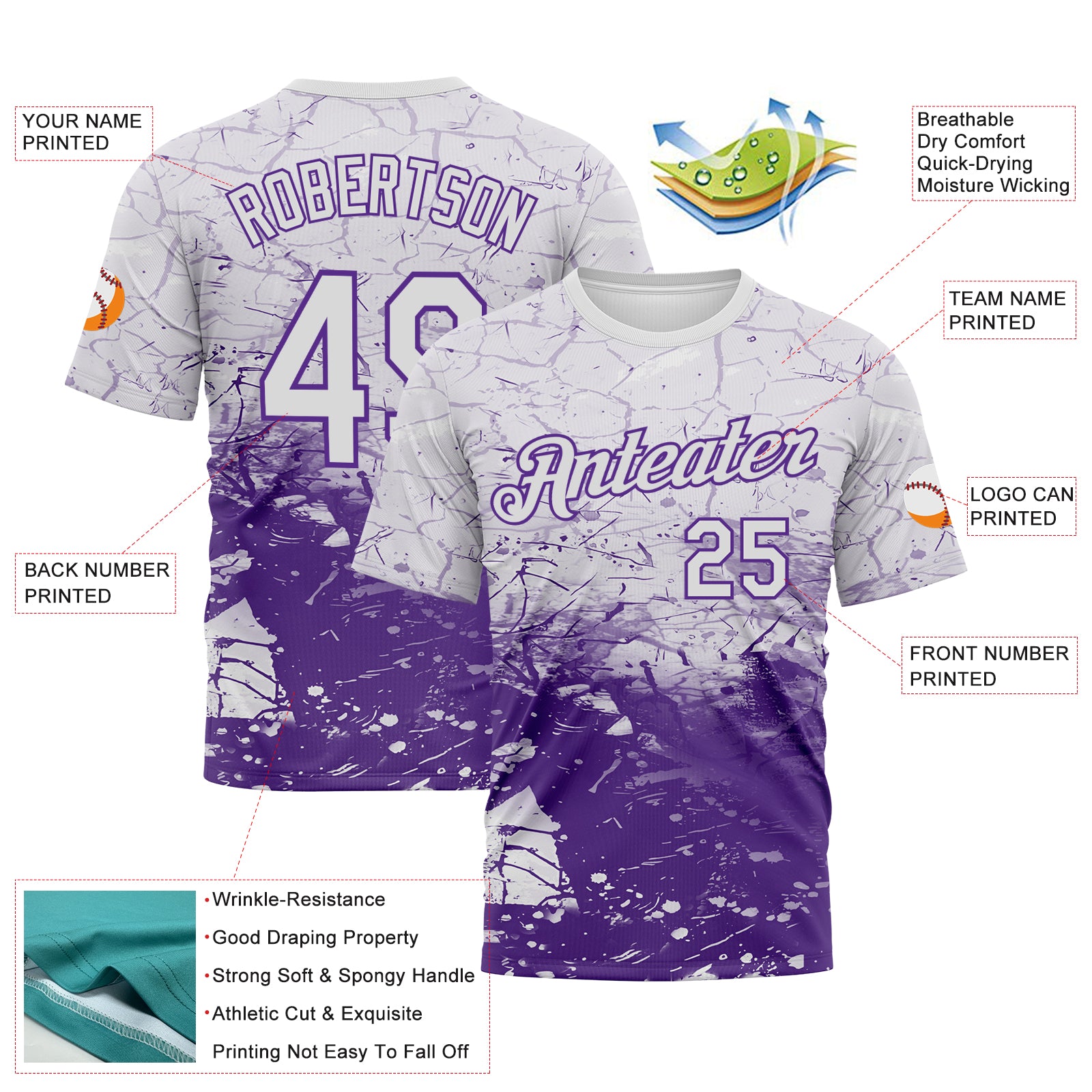 Custom White-Purple 3D Pattern Cracked Ink Grunge Jazz Style Performance T-Shirt