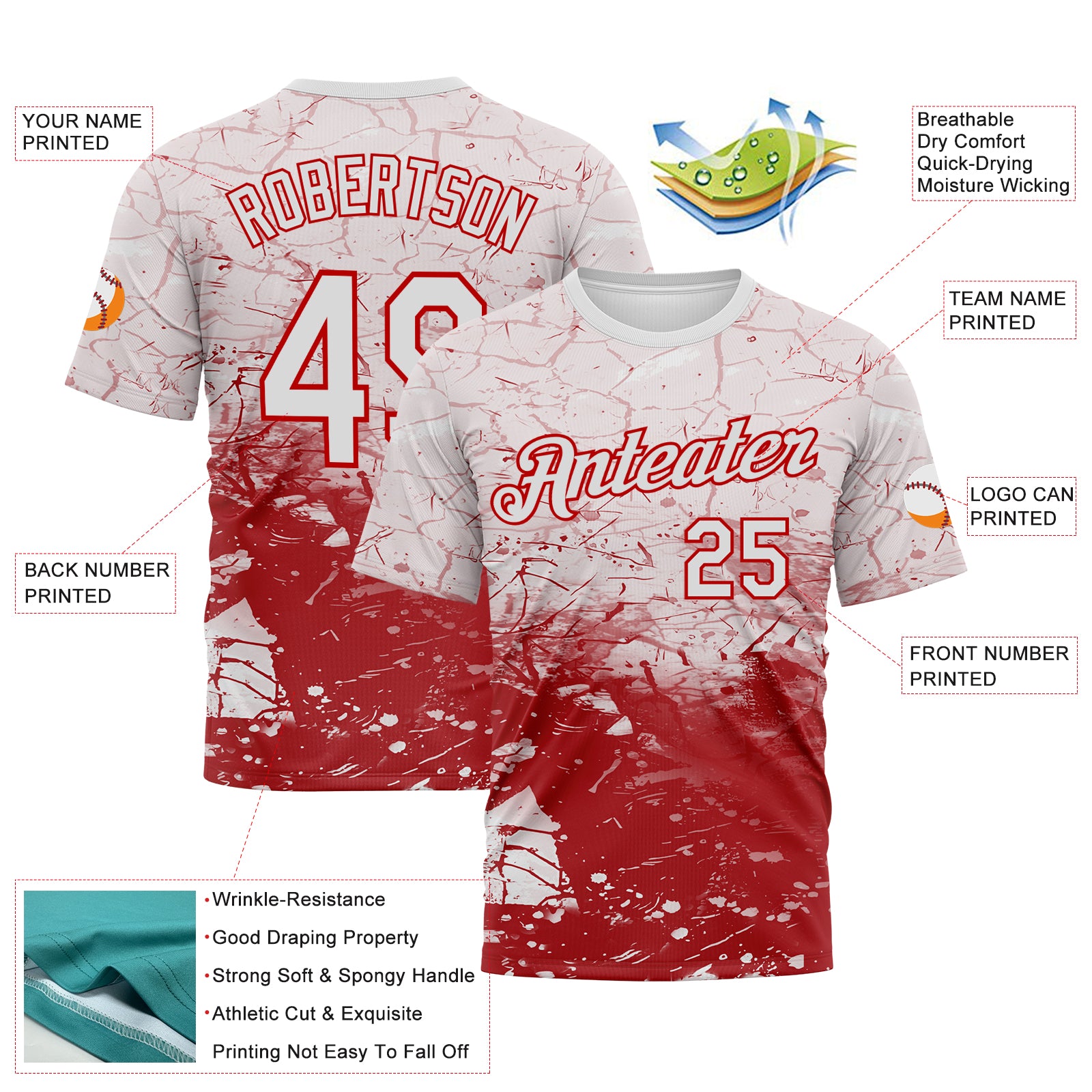 Custom White-Red 3D Pattern Cracked Ink Grunge Jazz Style Performance T-Shirt