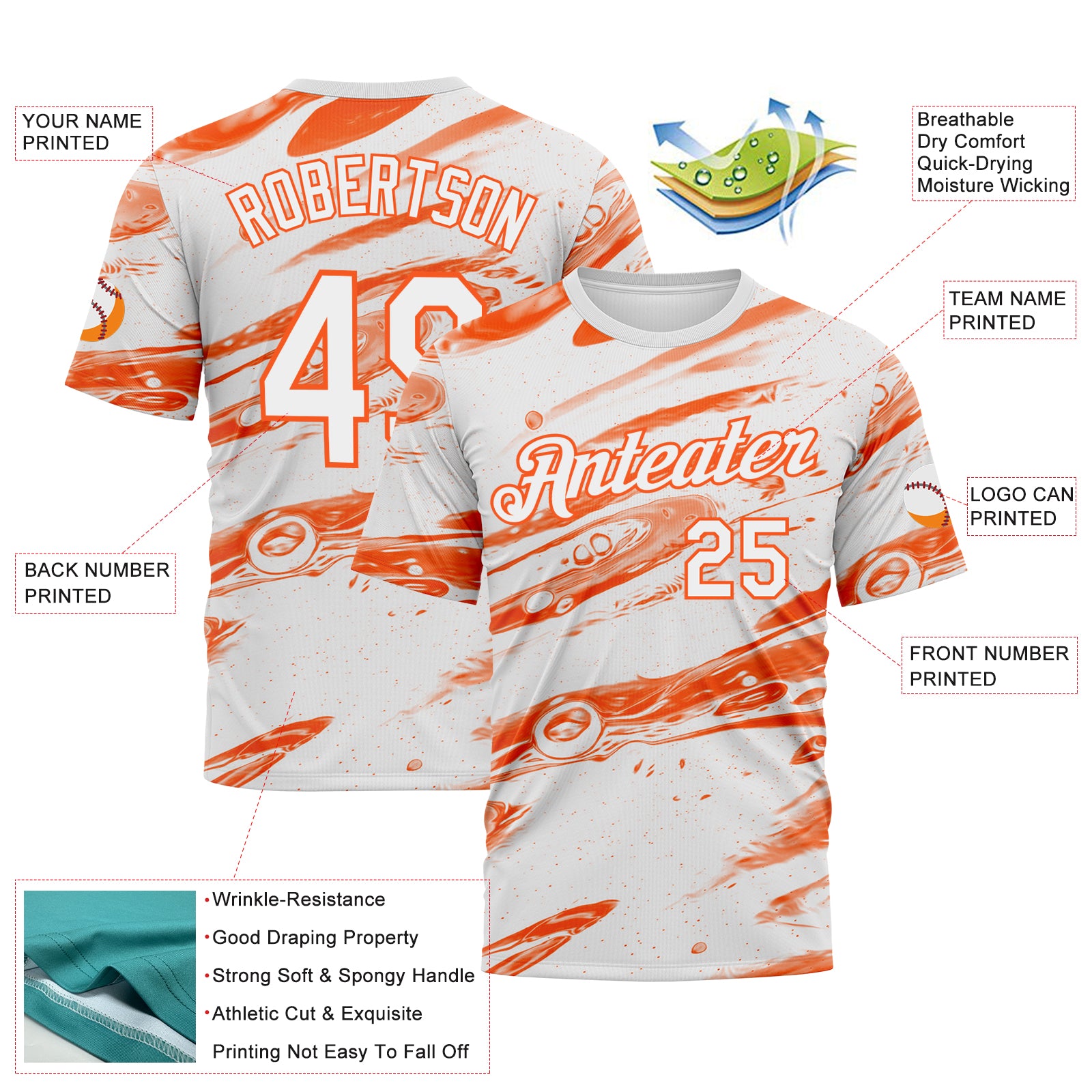 Custom White-Orange 3D Pattern Lava Splash Ink Wash Performance T-Shirt
