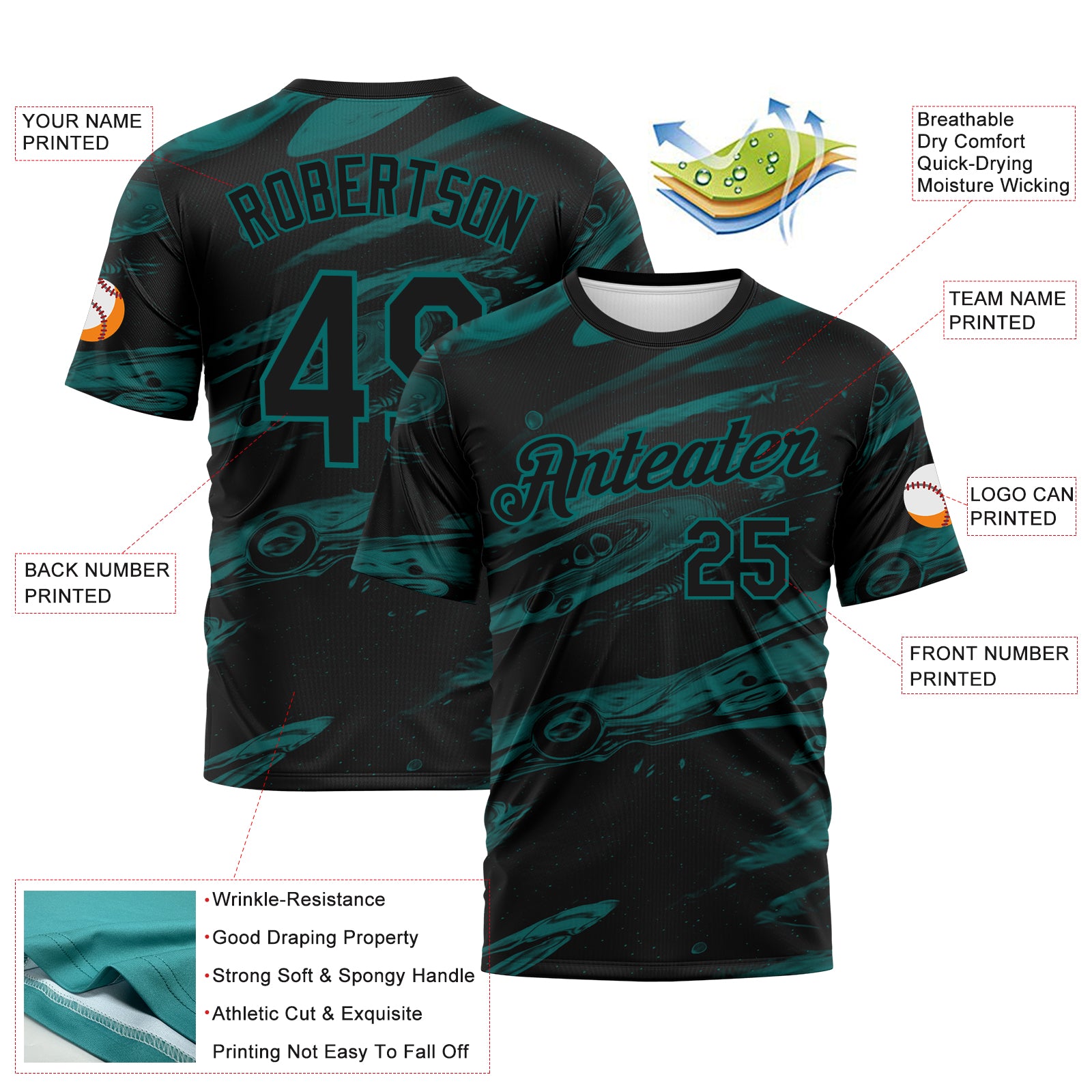 Custom Black-Teal 3D Pattern Lava Splash Ink Wash Performance T-Shirt