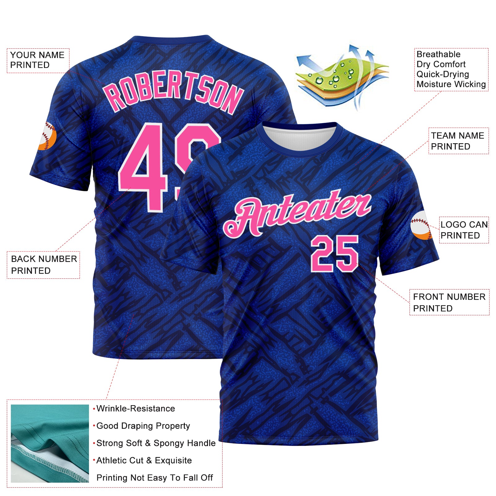 Custom Royal Pink Navy Thunder Blue-White 3D Pattern Tribal Ethnic Design Performance T-Shirt