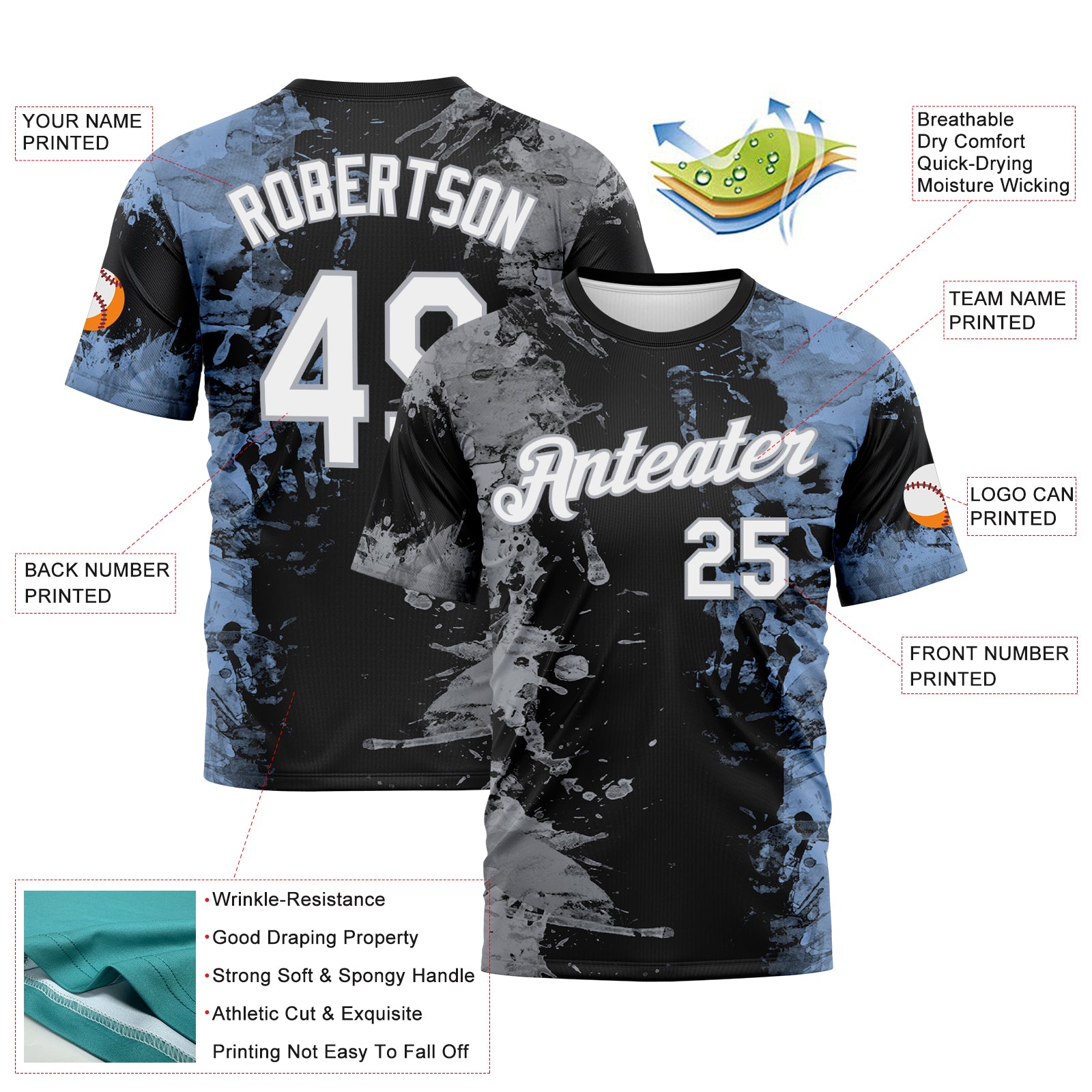 Custom Gray White Black-Light Blue 3D Pattern Ink Splash Duotono Style Performance T-Shirt