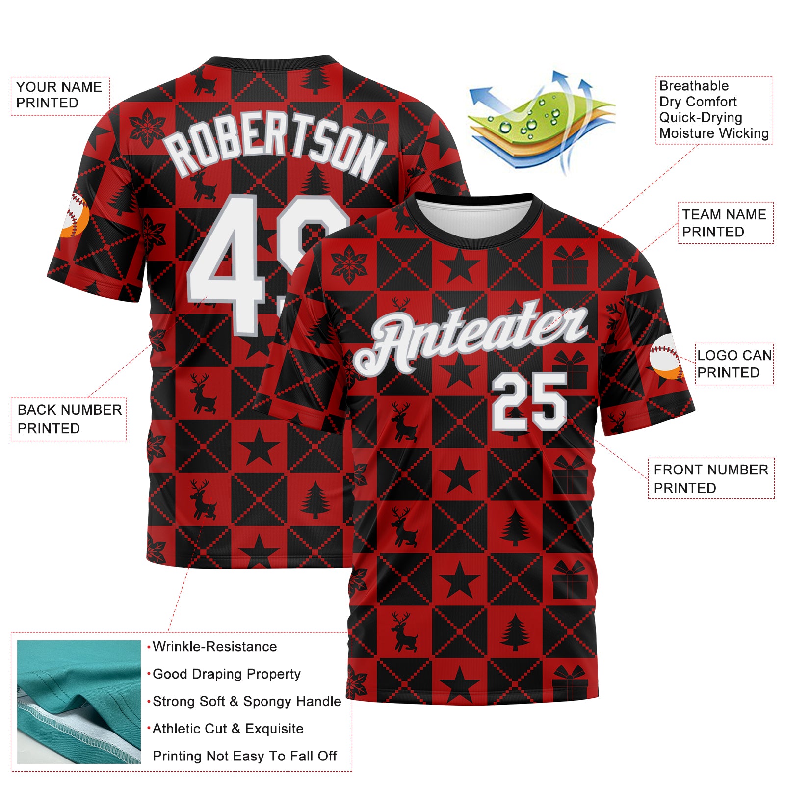 Custom Black White Red-Gray 3D Pattern Christmas Buffalo Check Performance T-Shirt