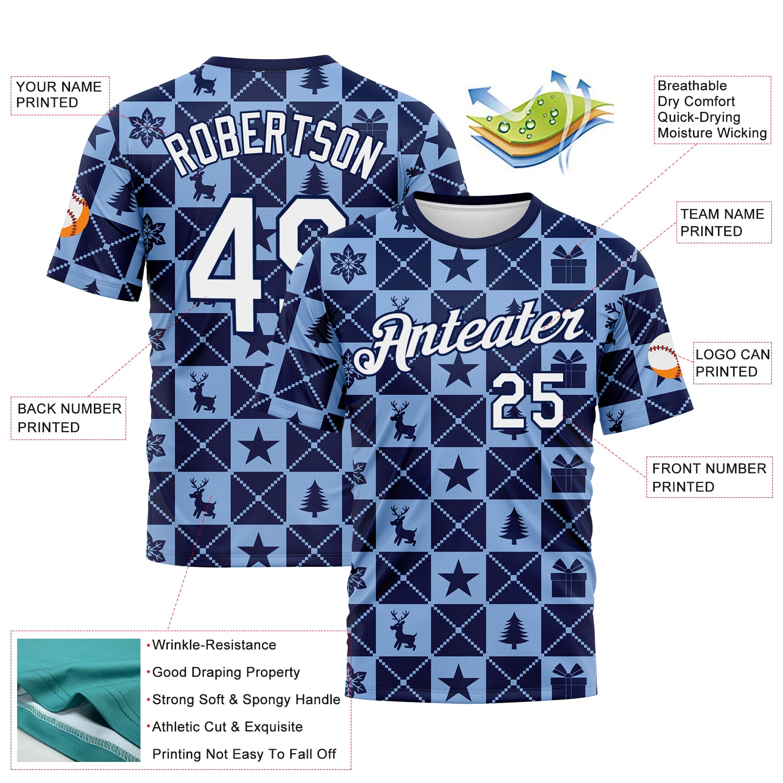 Custom Navy White-Light Blue 3D Pattern Christmas Buffalo Check Performance T-Shirt