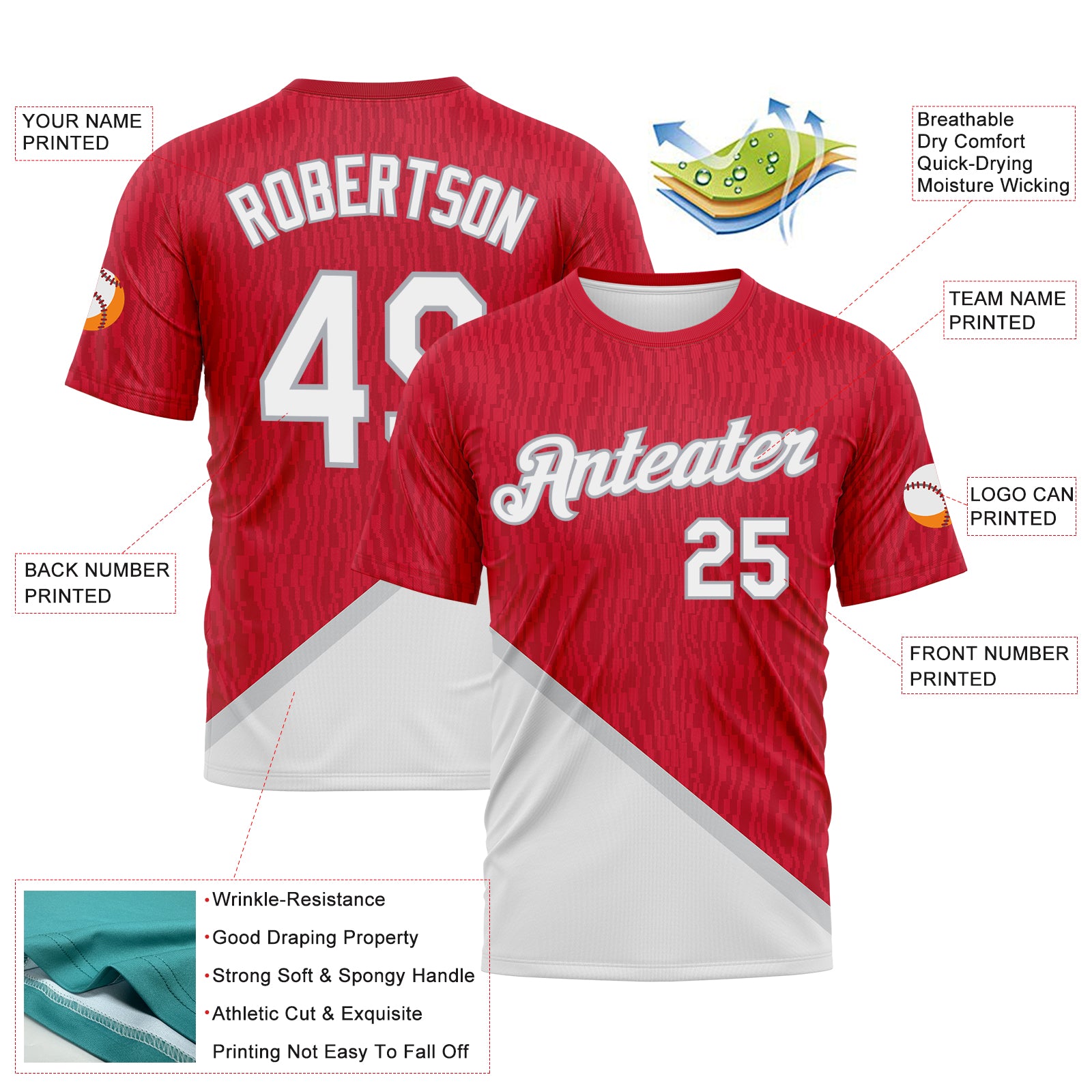 Custom Red White-Gray 3D Pattern Subtle Diagonal Split Performance T-Shirt
