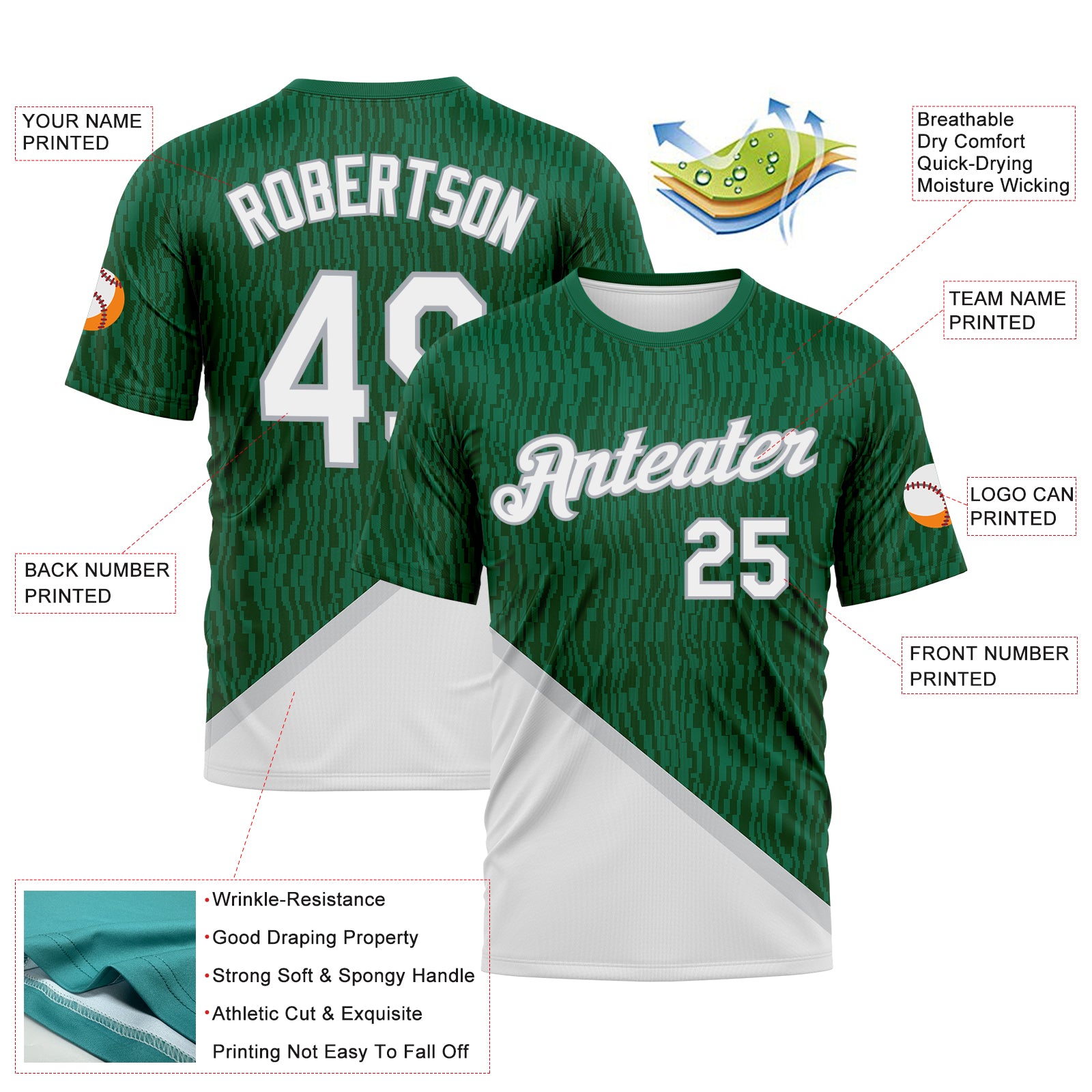 Custom Kelly Green White-Gray 3D Pattern Subtle Diagonal Split Performance T-Shirt