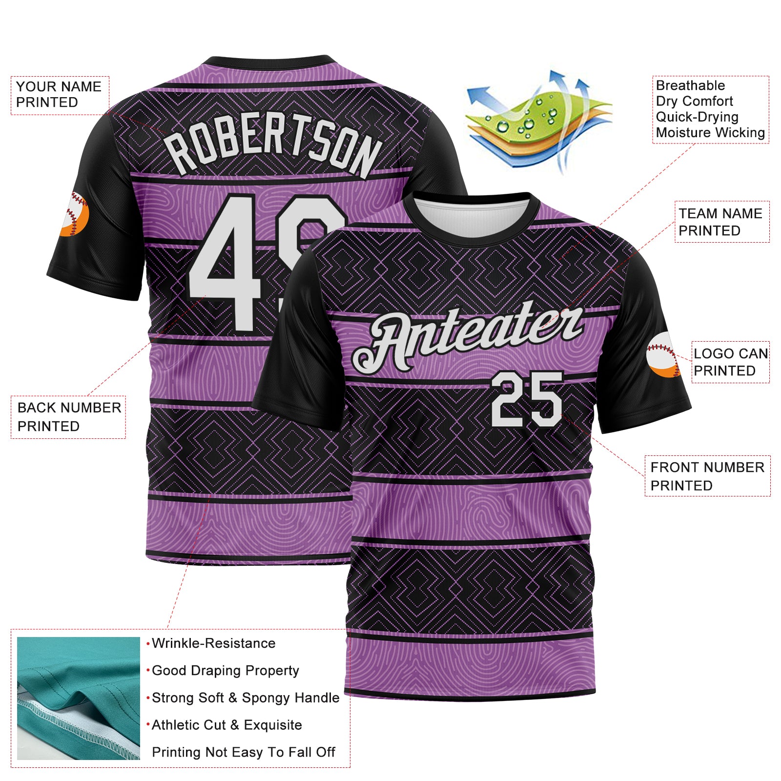 Custom Black White-Purple 3D Pattern Tribal Geometric Horizontal Stripe Performance T-Shirt