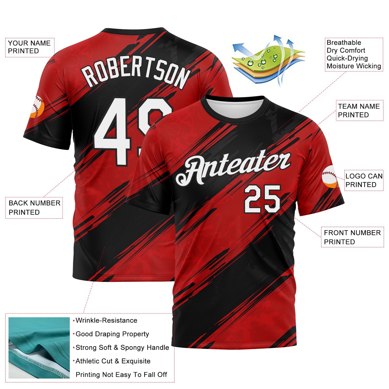 Custom Red White-Black 3D Pattern Brush Stroke Graffiti Diagonal Split Performance T-Shirt