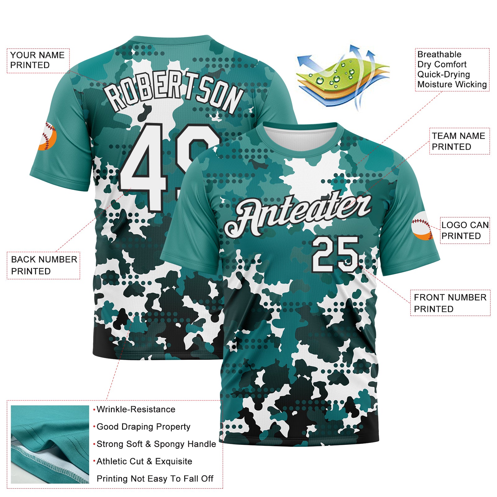 Custom White Teal-Black 3D Pattern Camouflage Performance T-Shirt