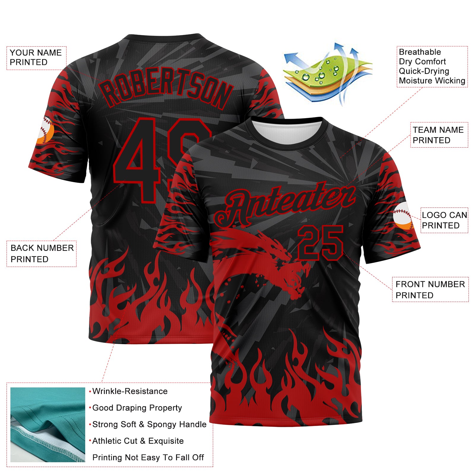 Custom Black-Red 3D Pattern Dragon Fire Flame Performance T-Shirt
