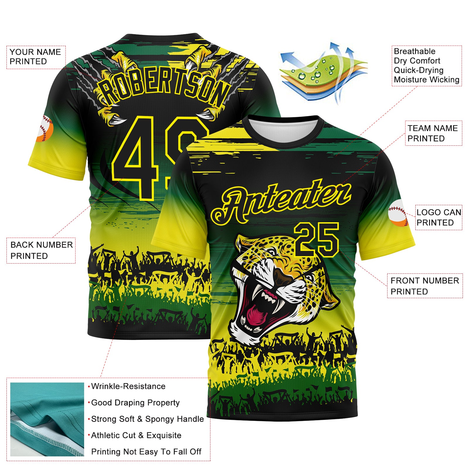 Custom Black Kelly Green-Light Yellow 3D Pattern Leopard Performance T-Shirt