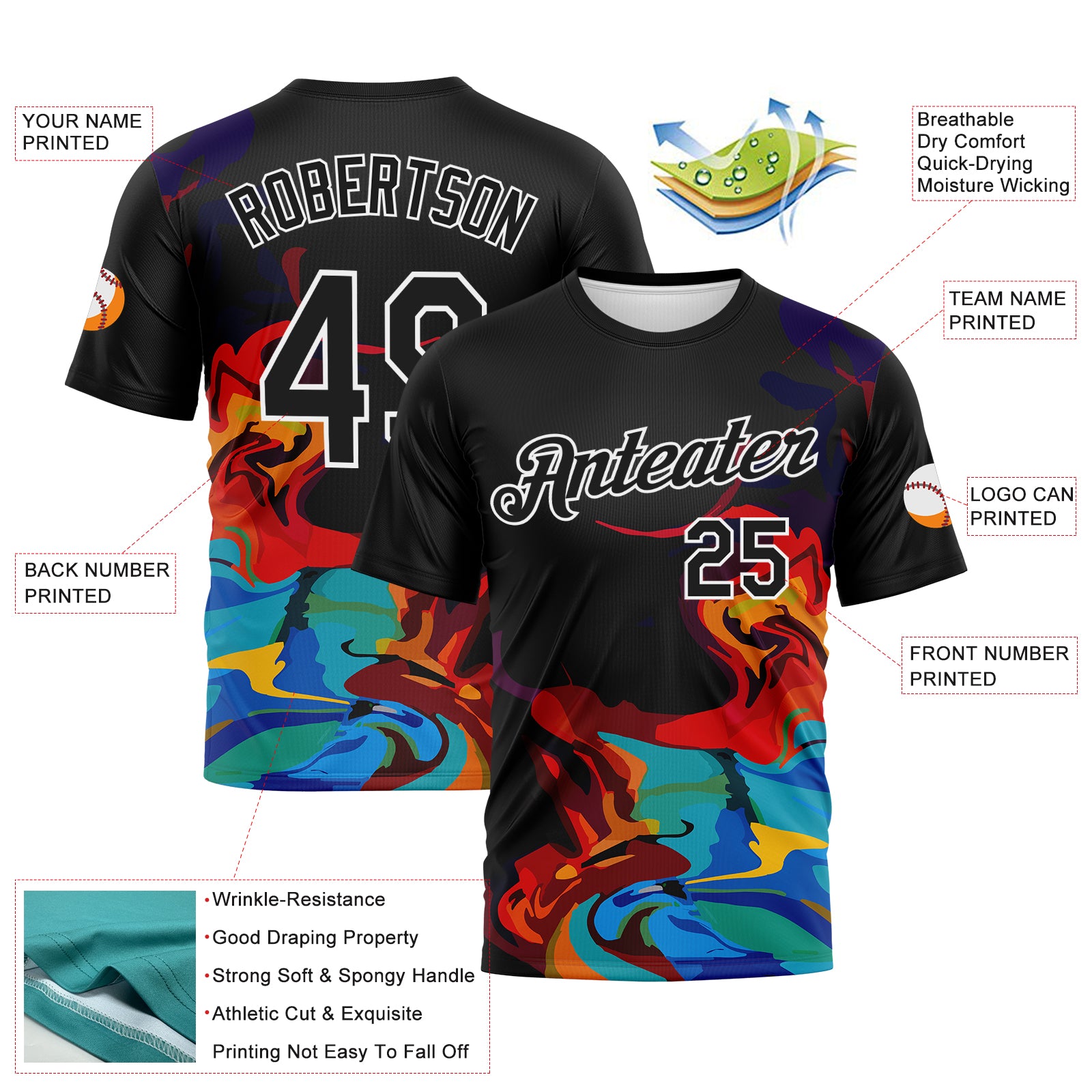 Custom Black Pink Sky Blue-White 3D Pattern Abstract Fluid Art Performance T-Shirt