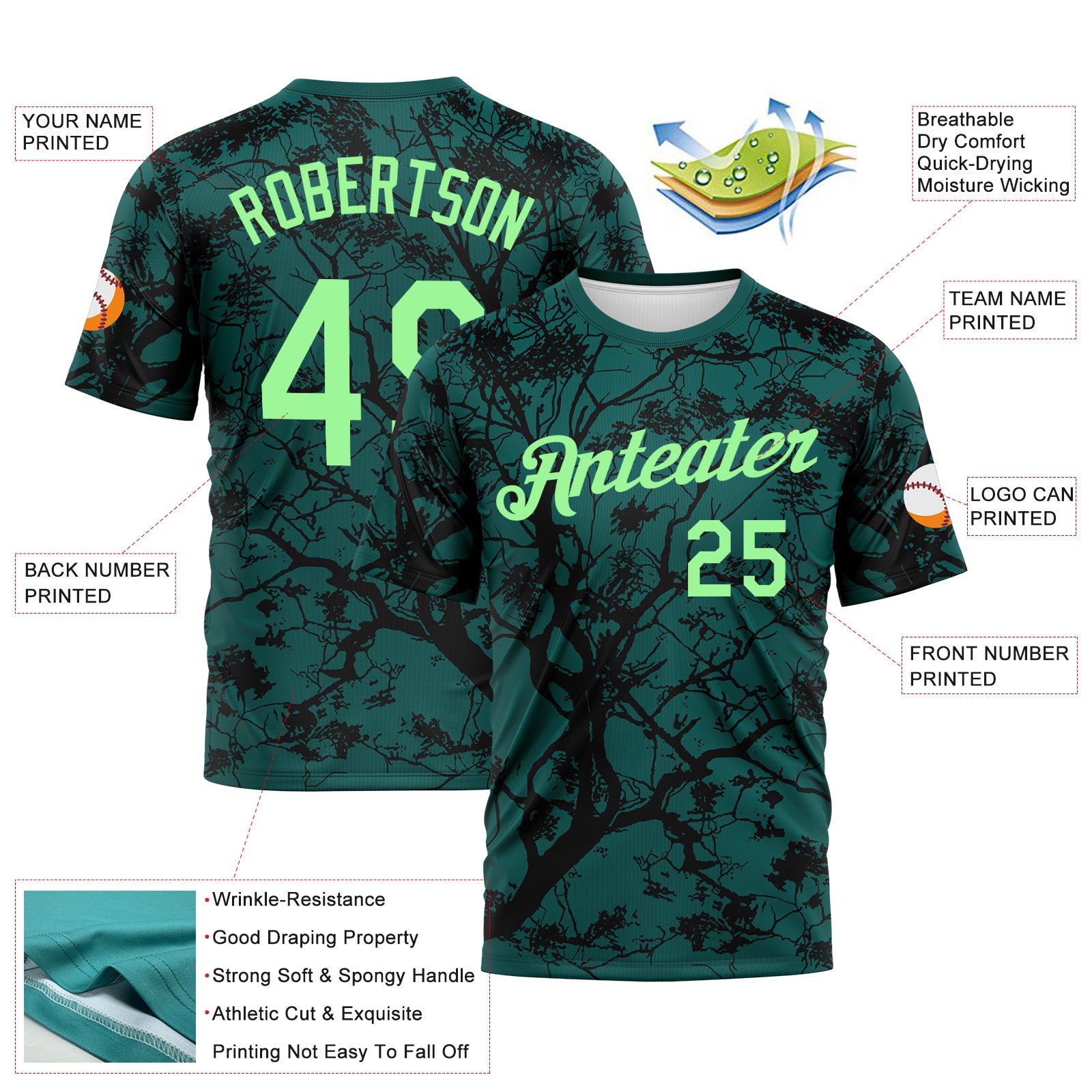 Custom Midnight Green Pea Green-Black 3D Pattern Arbol Jungle Camo Performance T-Shirt