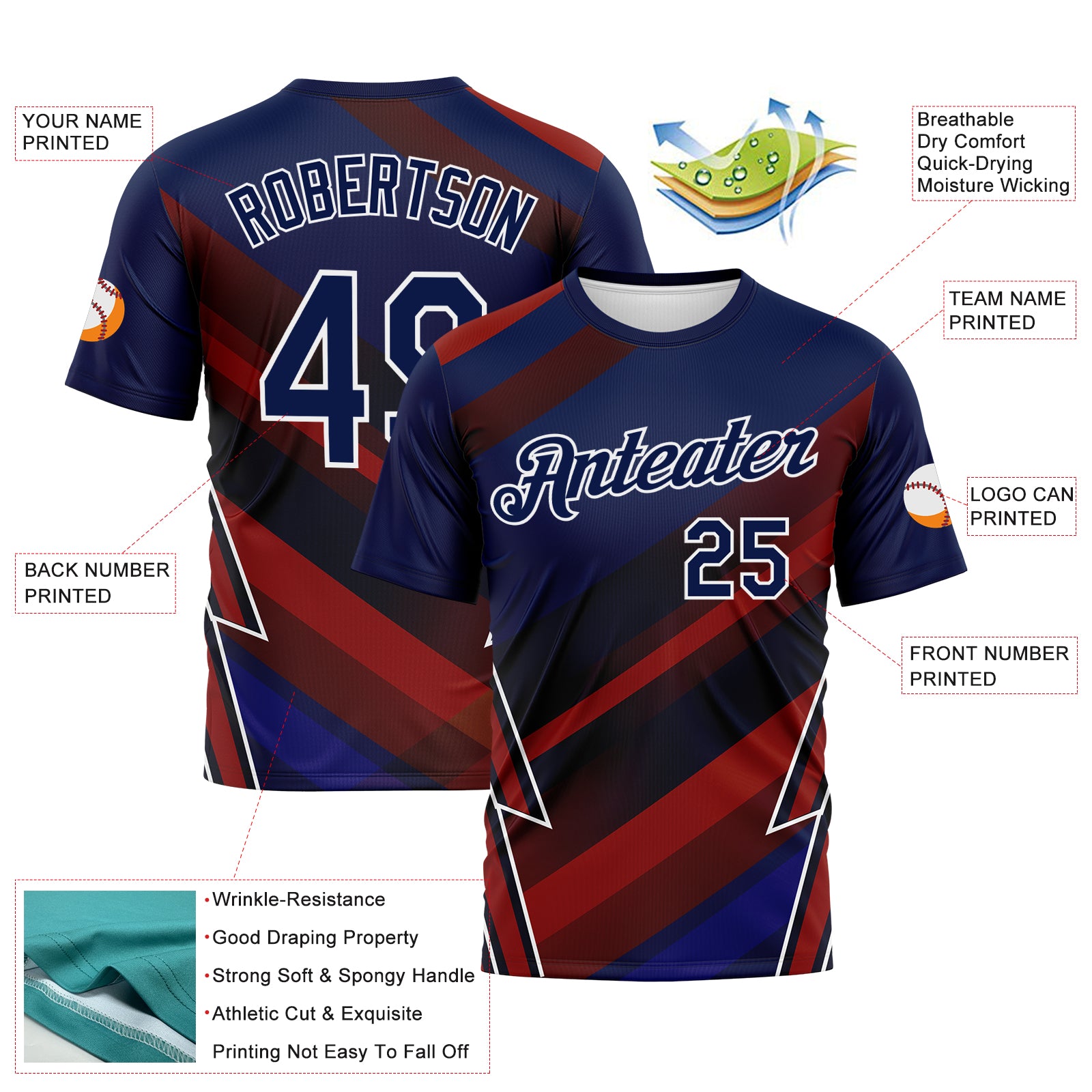 Custom Navy Red-White 3D Pattern Diagonal Stripe Lightning Bolt Performance T-Shirt