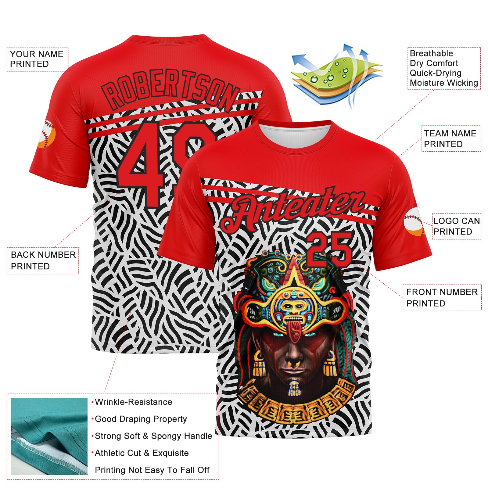 Custom Fire Red Black-White 3D Pattern Azteca Performance T-Shirt