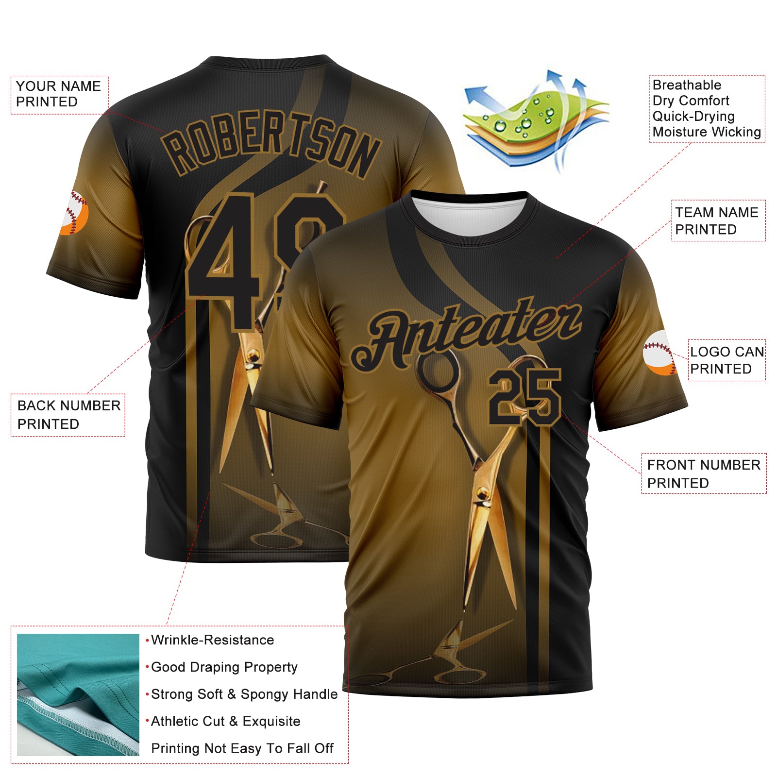 Custom Black-Old Gold 3D Pattern Scissors Barber Shop Performance T-Shirt