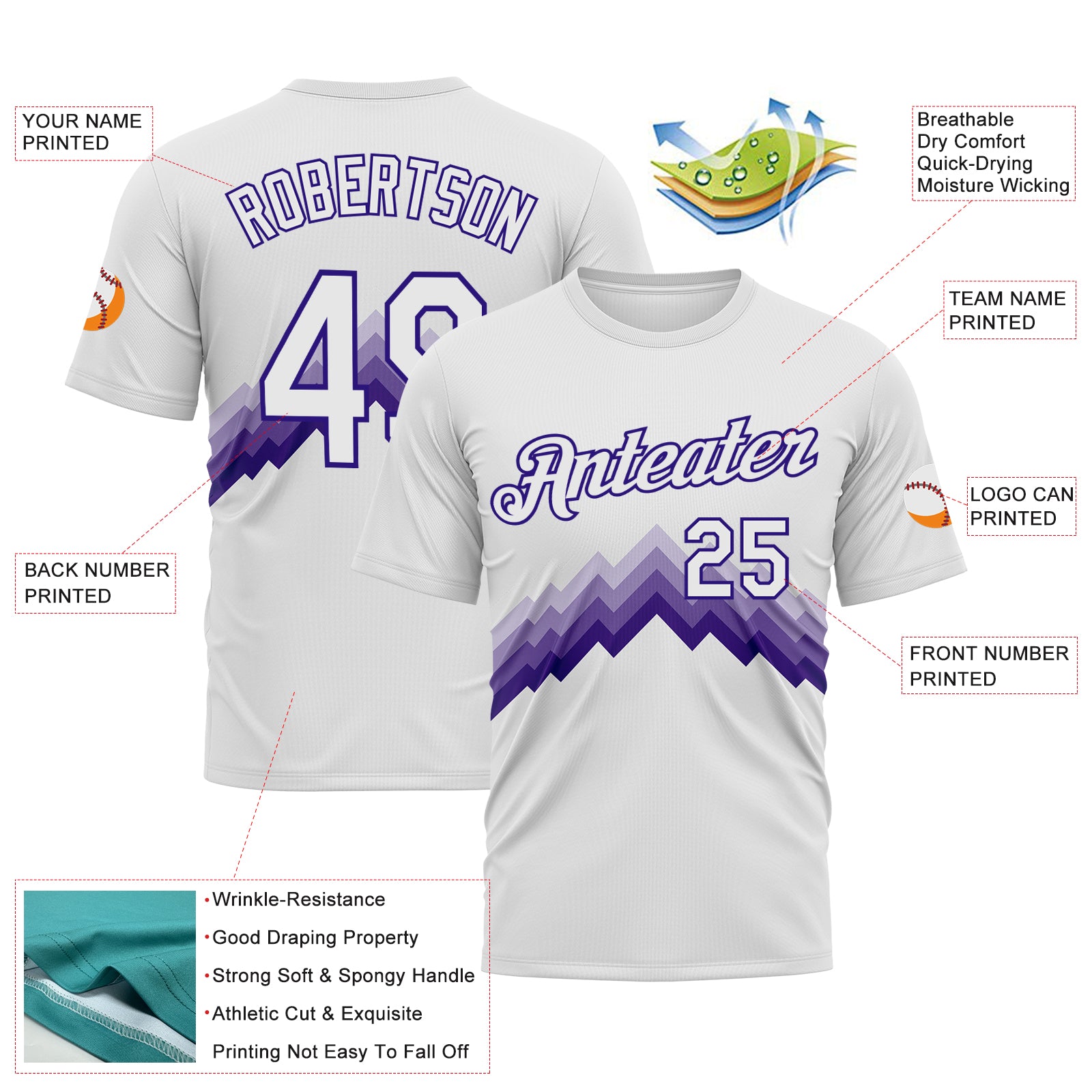 Custom White-Dark Purple 3D Pattern Zigzag Step Fade Effect Performance T-Shirt