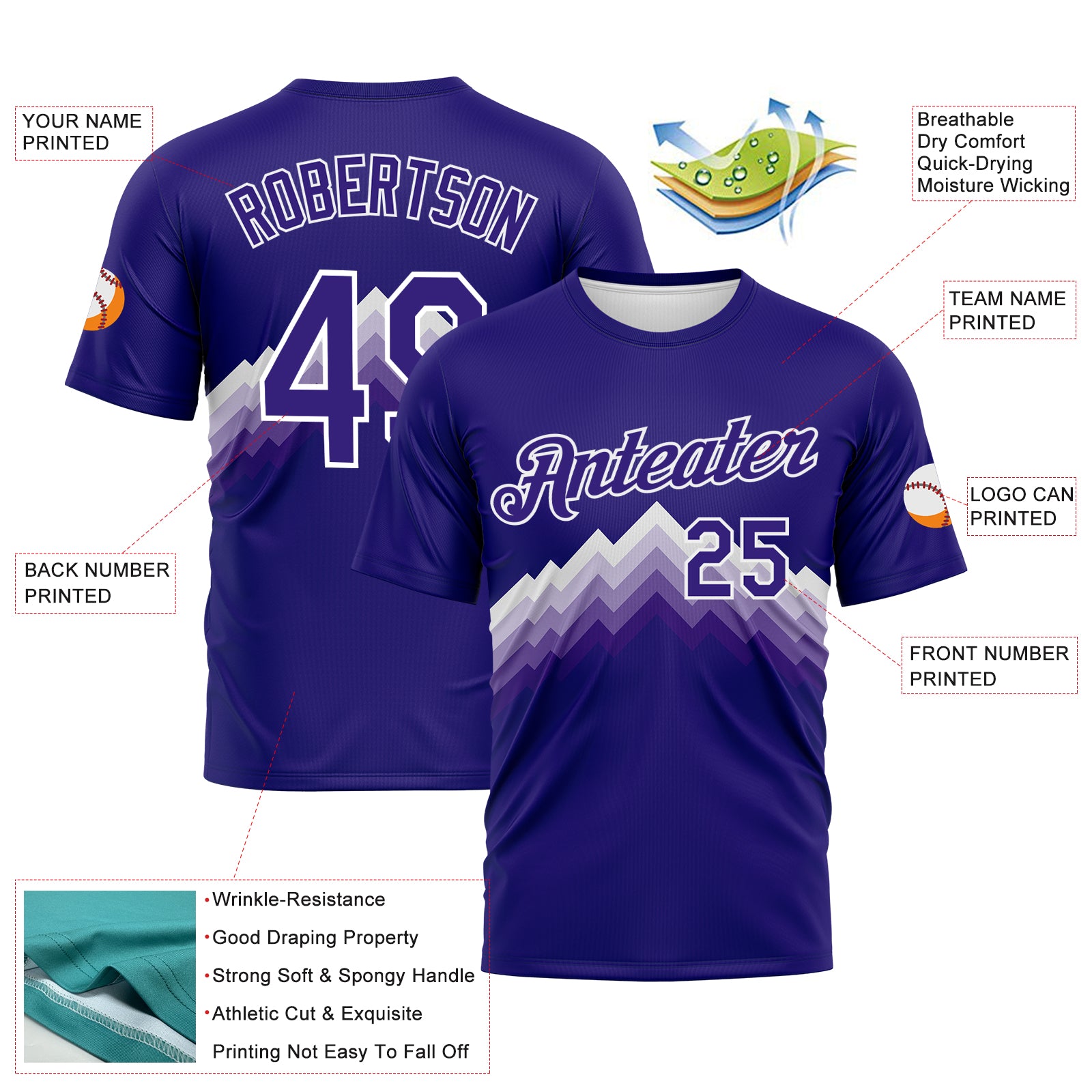 Custom Dark Purple-White 3D Pattern Zigzag Step Fade Effect Performance T-Shirt