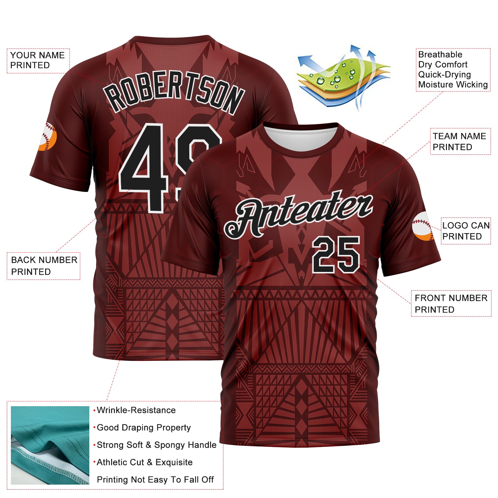 Custom Crimson Black-White 3D Pattern Tribal Geometric Performance T-Shirt
