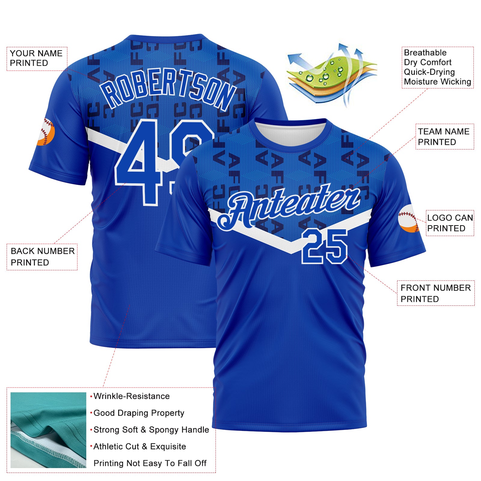 Custom Thunder Blue-White 3D Pattern Geometric Letter Chevron Stripe Performance T-Shirt