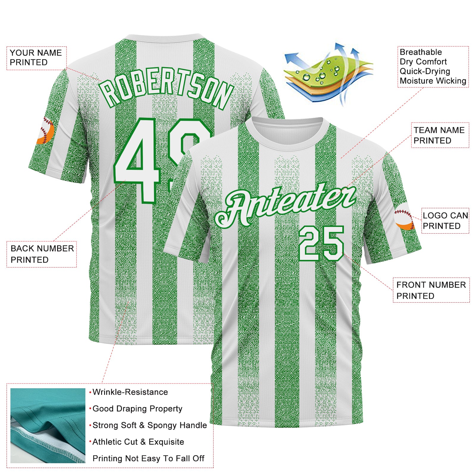Custom White-Grass Green 3D Pattern Vertical Stripe Grunge Texture Classic Performance T-Shirt