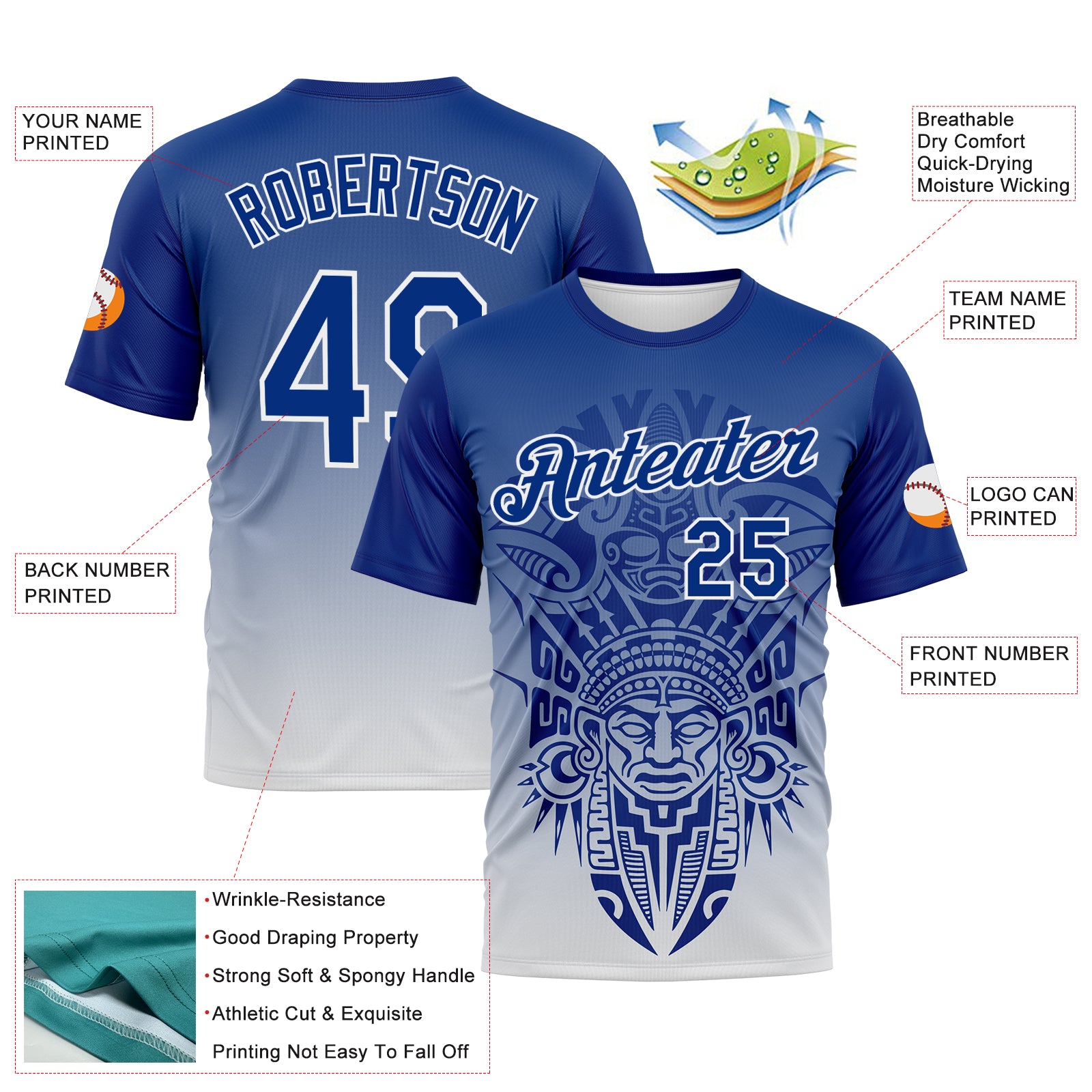 Custom Royal-White 3D Pattern Azteca Degrade Effect Performance T-Shirt
