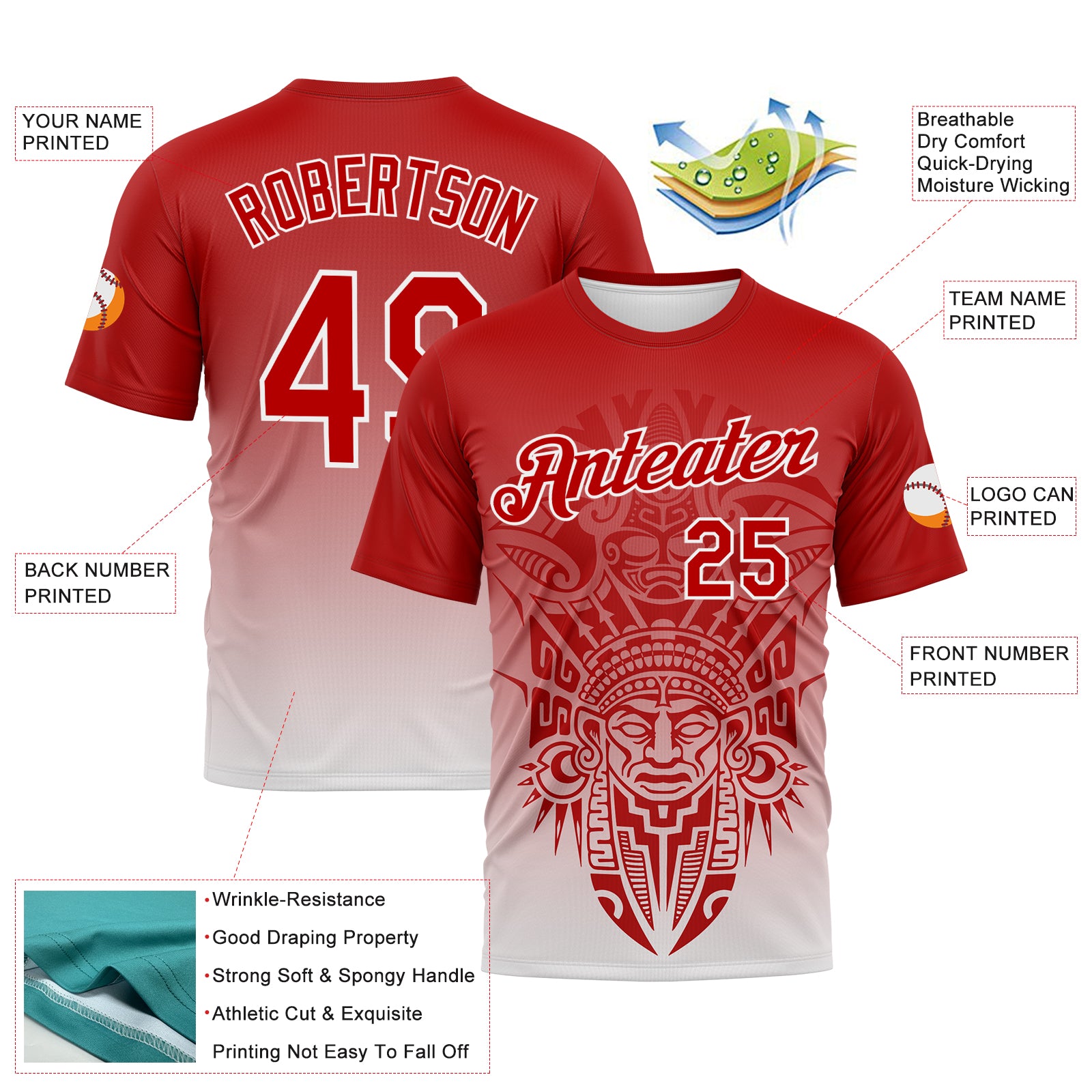 Custom Red-White 3D Pattern Azteca Degrade Effect Performance T-Shirt