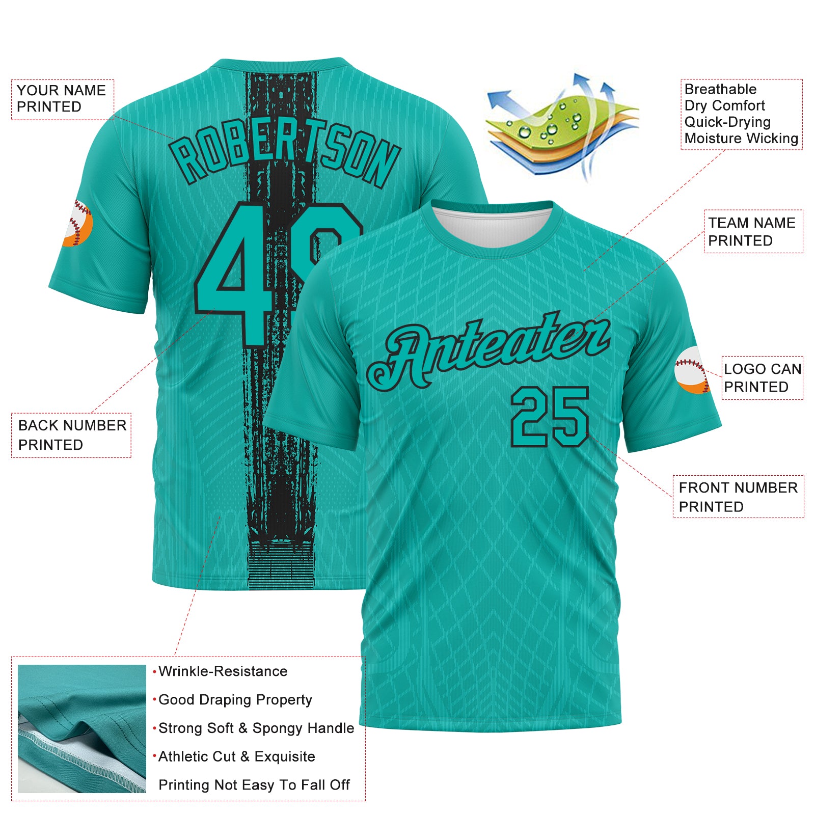 Custom Aqua-Black 3D Pattern Geometric Diamond Performance T-Shirt