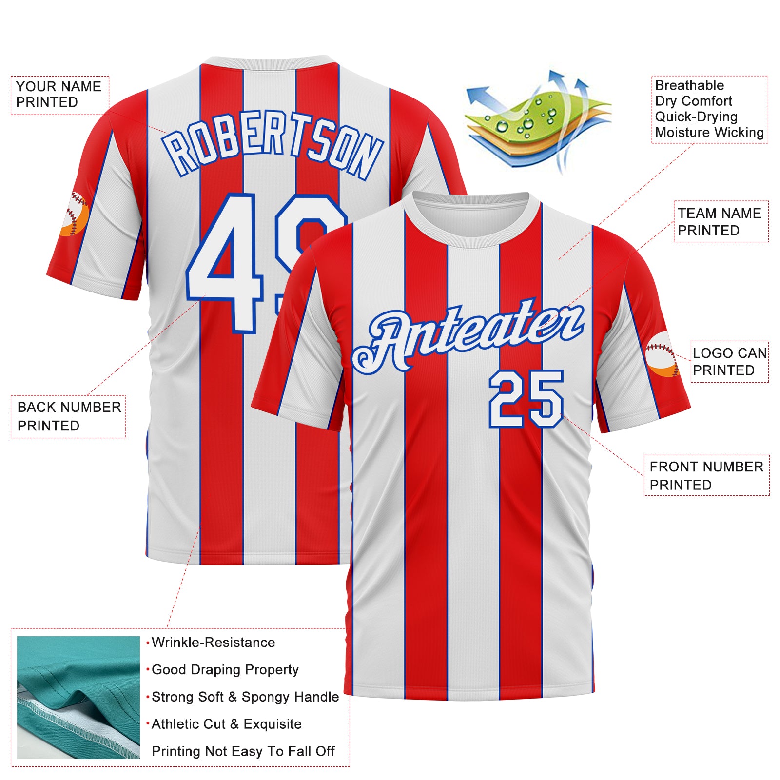 Custom White Fire Red-Thunder Blue 3D Pattern Vertical Stripe Classic Performance T-Shirt