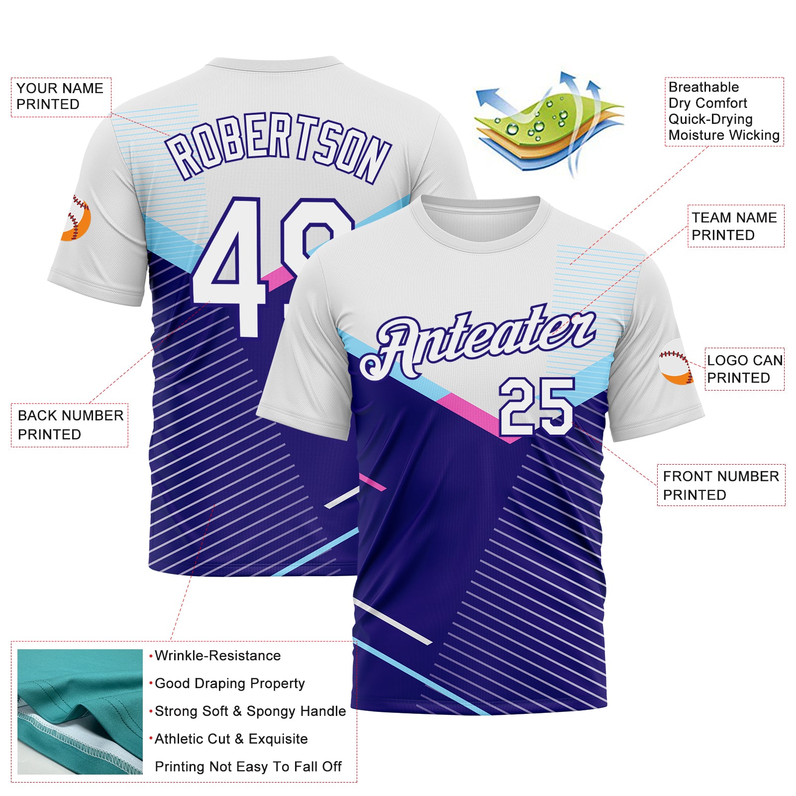 Custom White-Dark Purple 3D Pattern Geometric Speed Line Chevron Stripe Performance T-Shirt