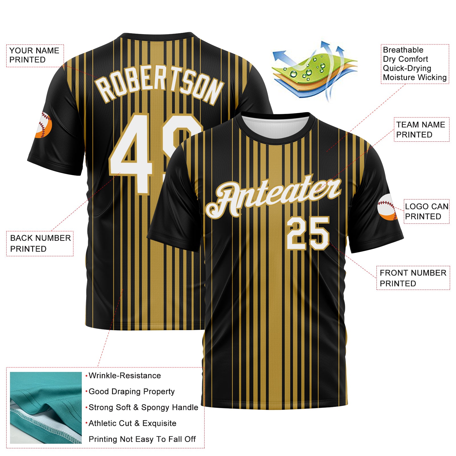 Custom Black White-Old Gold 3D Pattern Vertical Stripe Classic Performance T-Shirt