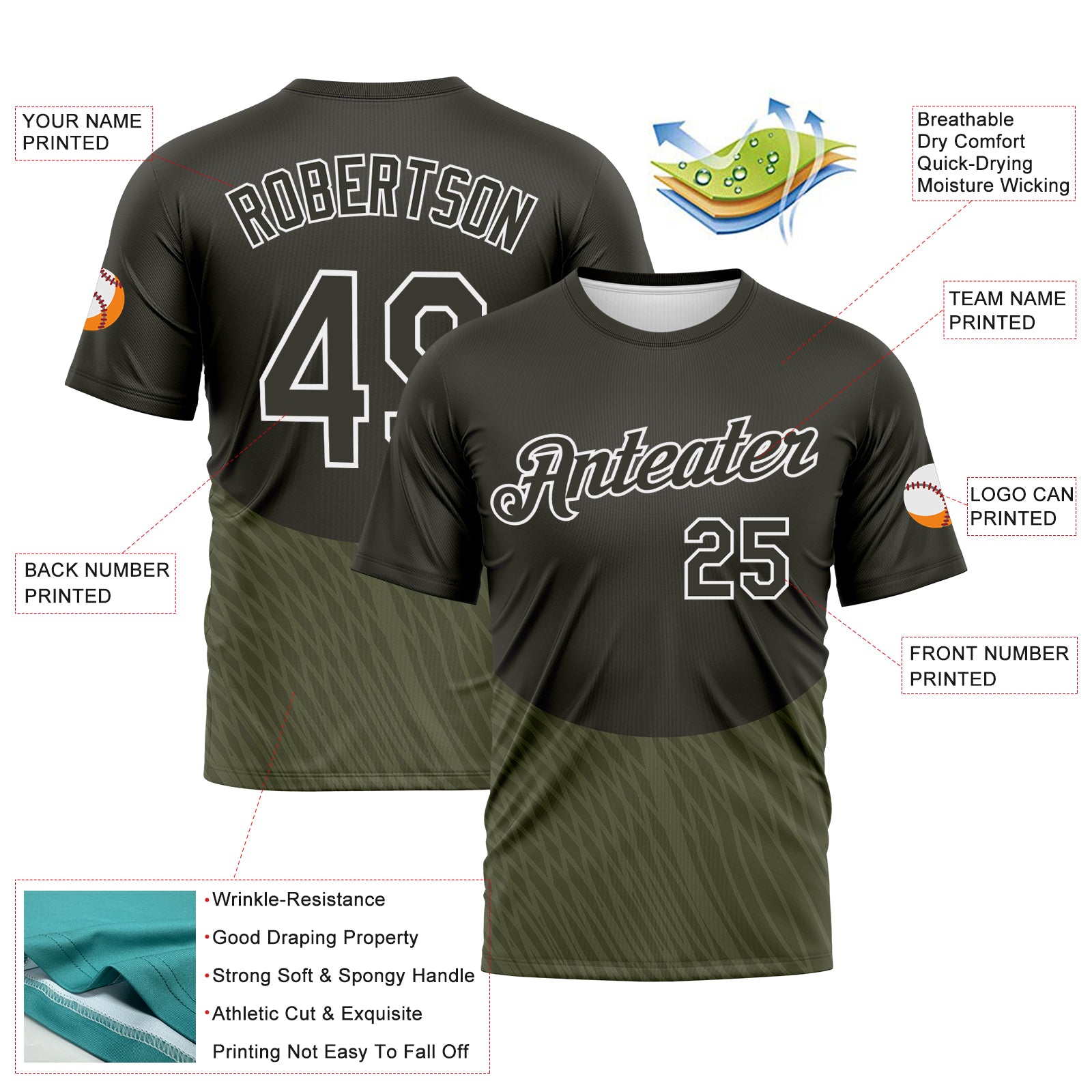Custom Olive-White 3D Pattern Geometric Wave Lineal Performance T-Shirt