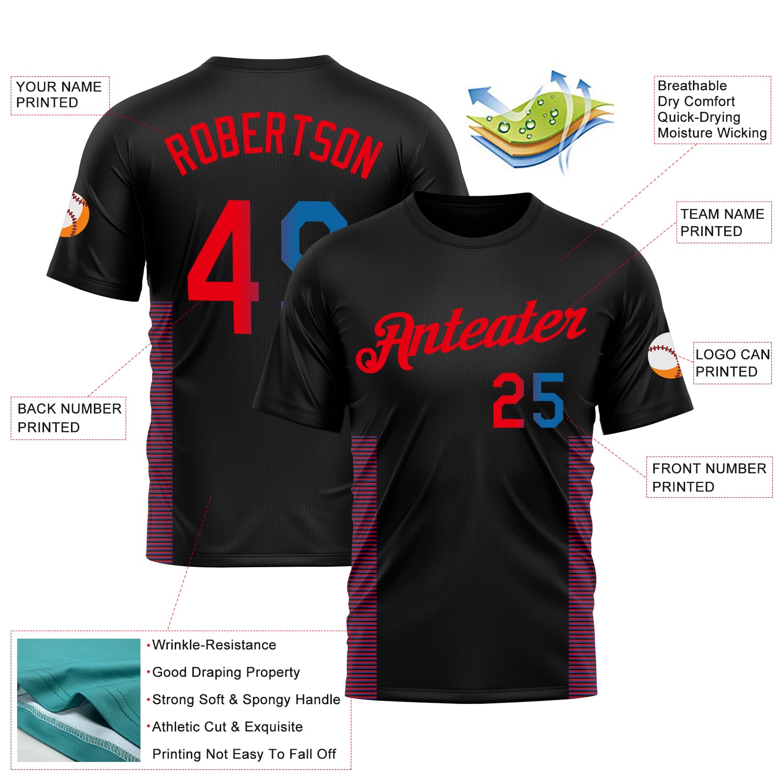 Custom Black Blue-Fire Red 3D Pattern Lineal Performance T-Shirt