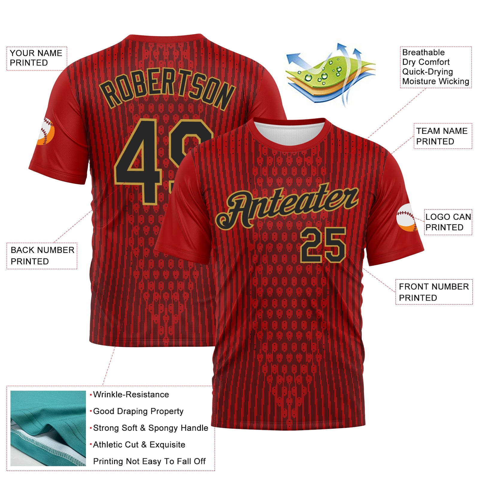 Custom Red Black-Old Gold 3D Pattern Pixel Vertical Stripe Hexagon Performance T-Shirt