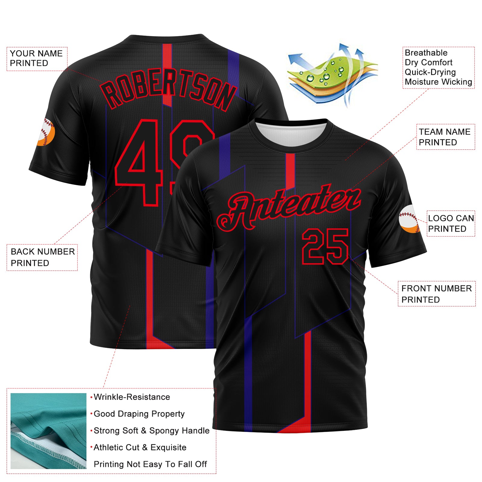 Custom Black Dark Purple-Fire Red 3D Pattern Geometric Performance T-Shirt
