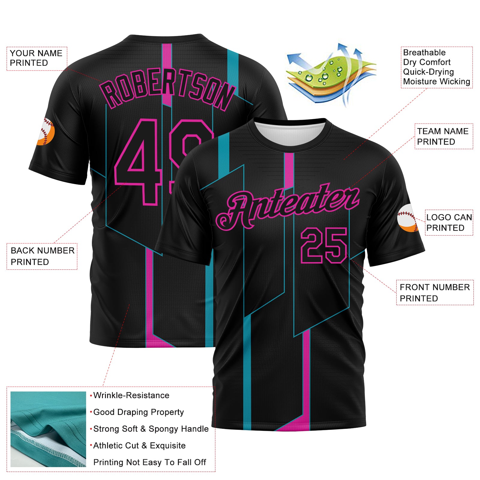Custom Black Teal-Deep Pink 3D Pattern Geometric Performance T-Shirt