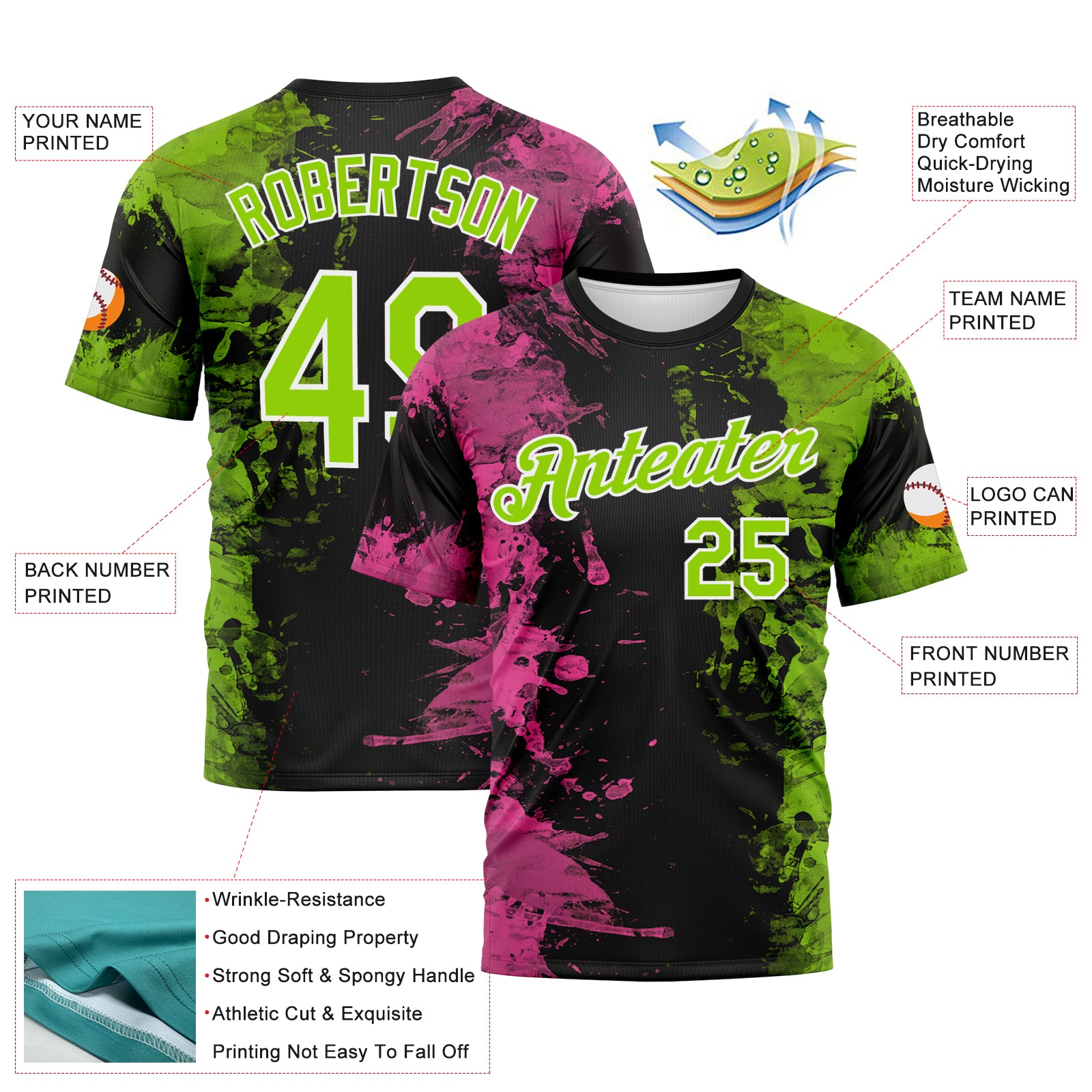 Custom Pink Neon Green Black-White 3D Pattern Ink Splash Duotono Style Performance T-Shirt