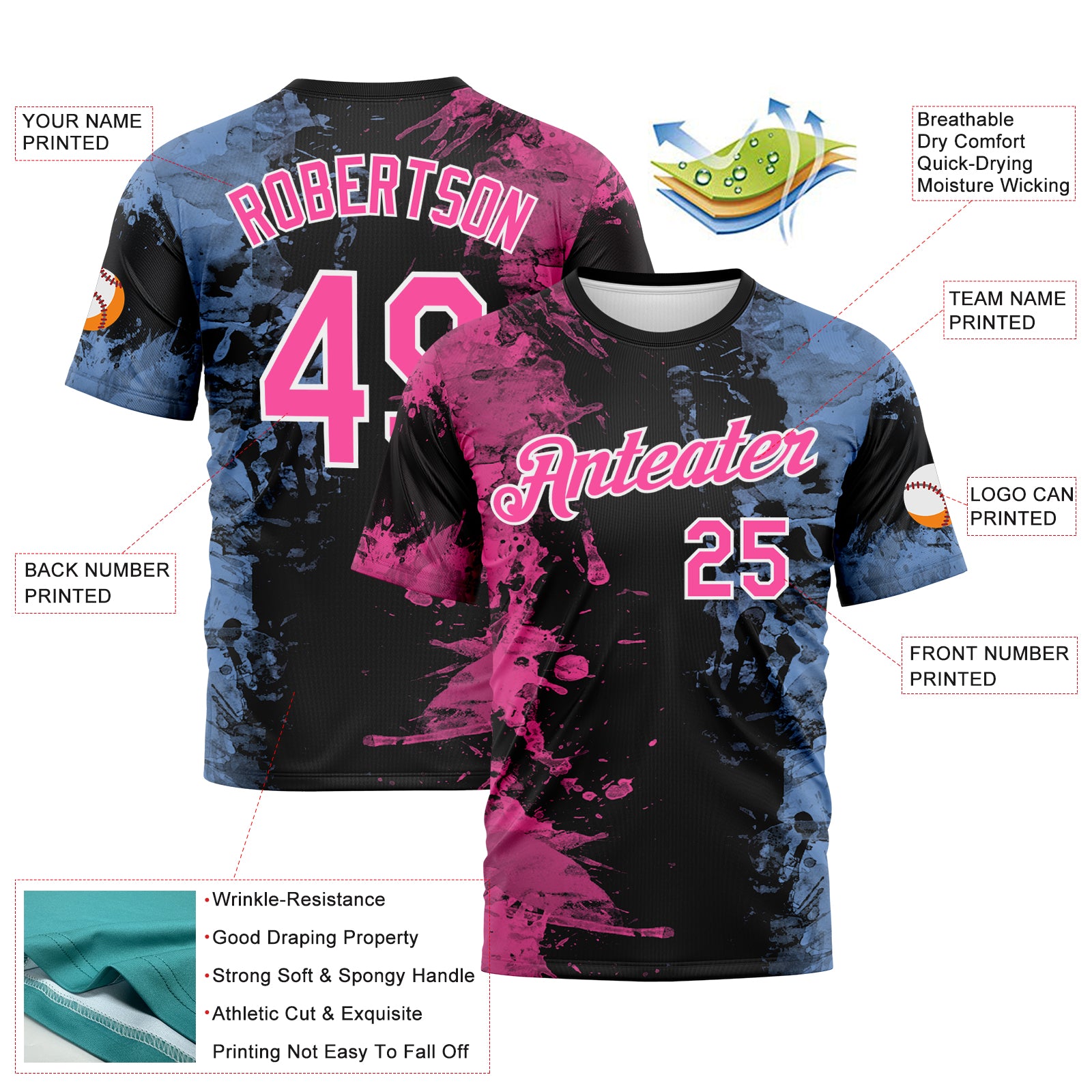 Custom Pink Black Light Blue-White 3D Pattern Ink Splash Duotono Style Performance T-Shirt