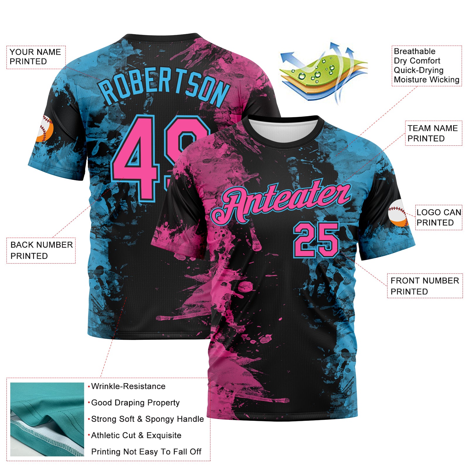 Custom Pink Black-Sky Blue 3D Pattern Ink Splash Duotono Style Performance T-Shirt
