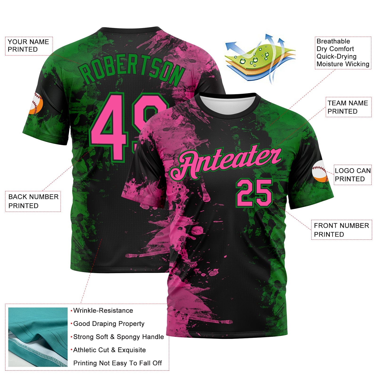 Custom Pink Black-Grass Green 3D Pattern Ink Splash Duotono Style Performance T-Shirt
