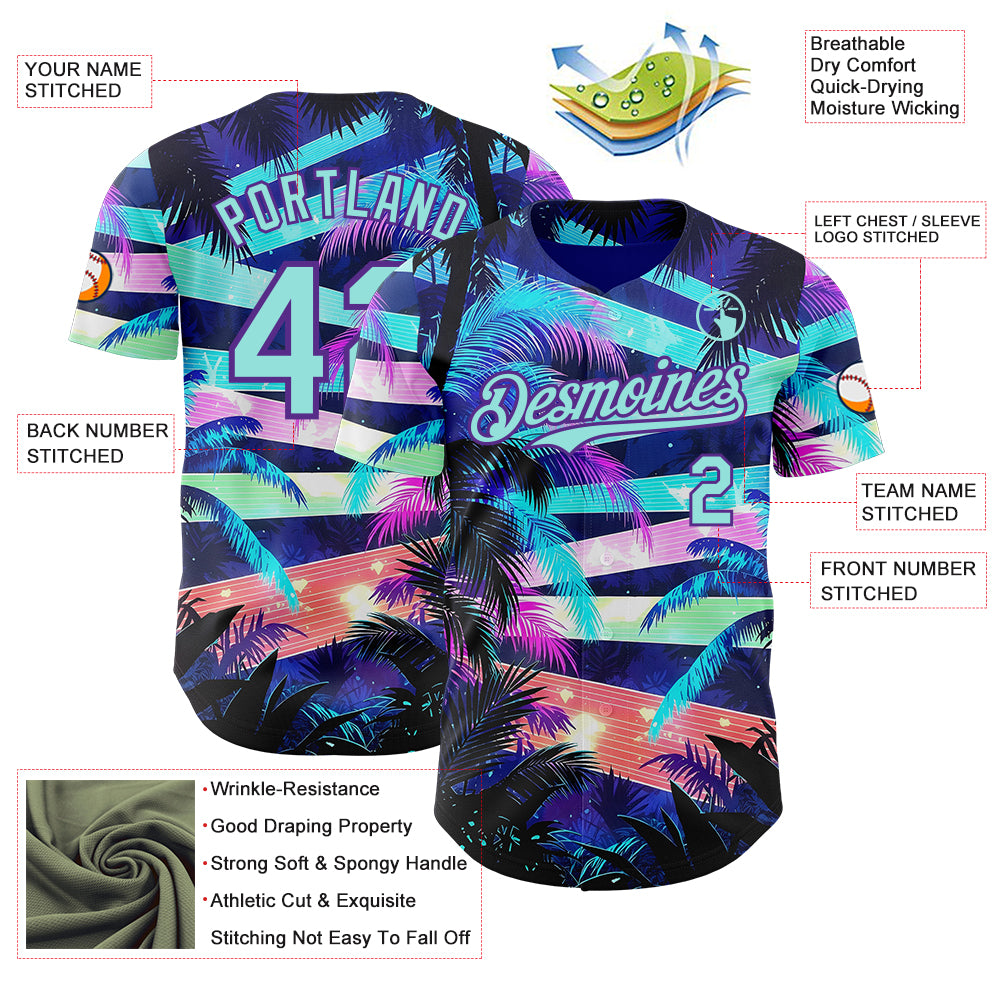 Custom Blue Ice Blue-Purple Cyber Tropical Palm Trees Music Festival Authentic Baseball Jersey