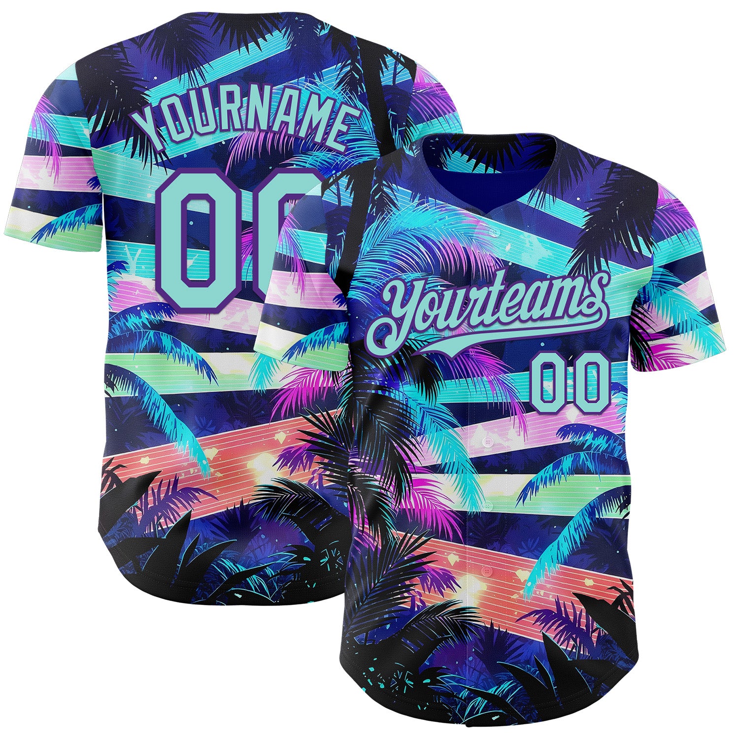 Custom Blue Ice Blue-Purple Cyber Tropical Palm Trees Music Festival Authentic Baseball Jersey