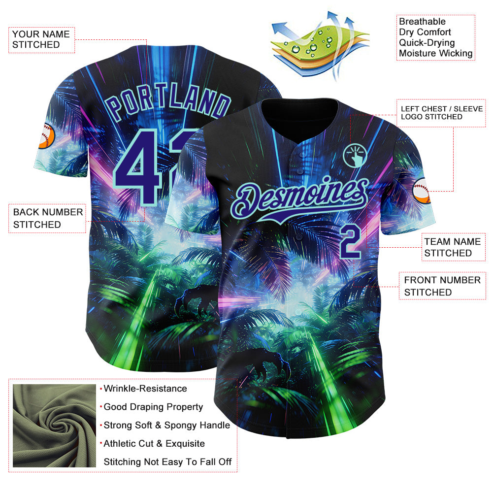 Custom Black Dark Purple-Ice Blue Cyber Tropical Palm Trees Dinosaur Gothic Fantasy Authentic Baseball Jersey