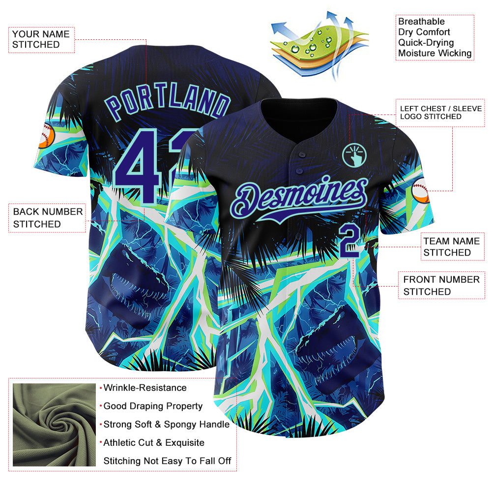 Custom Black Dark Purple-Ice Blue Cyber Tropical Palm Trees Dinosaur Gothic Fantasy Authentic Baseball Jersey