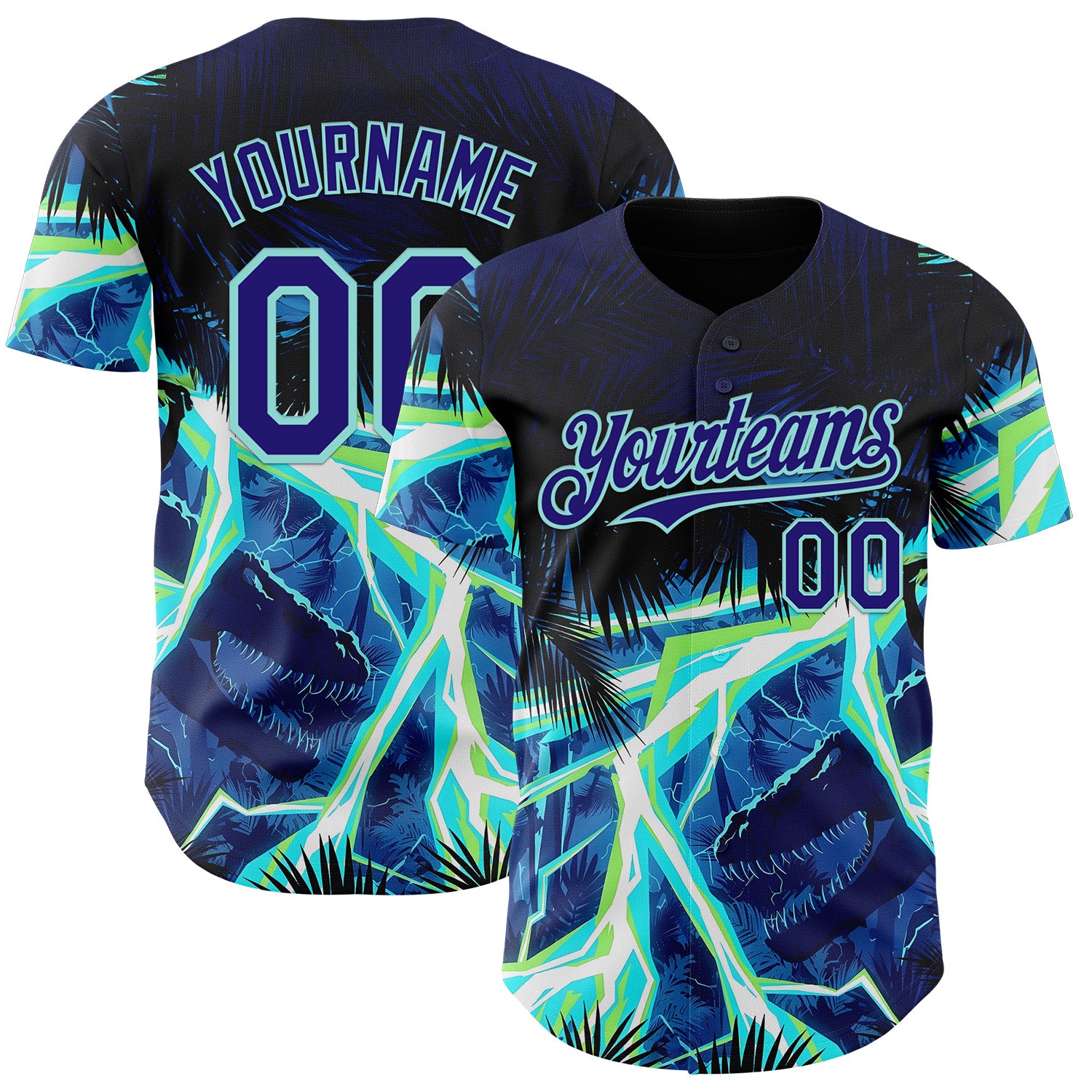 Custom Black Dark Purple-Ice Blue Cyber Tropical Palm Trees Dinosaur Gothic Fantasy Authentic Baseball Jersey