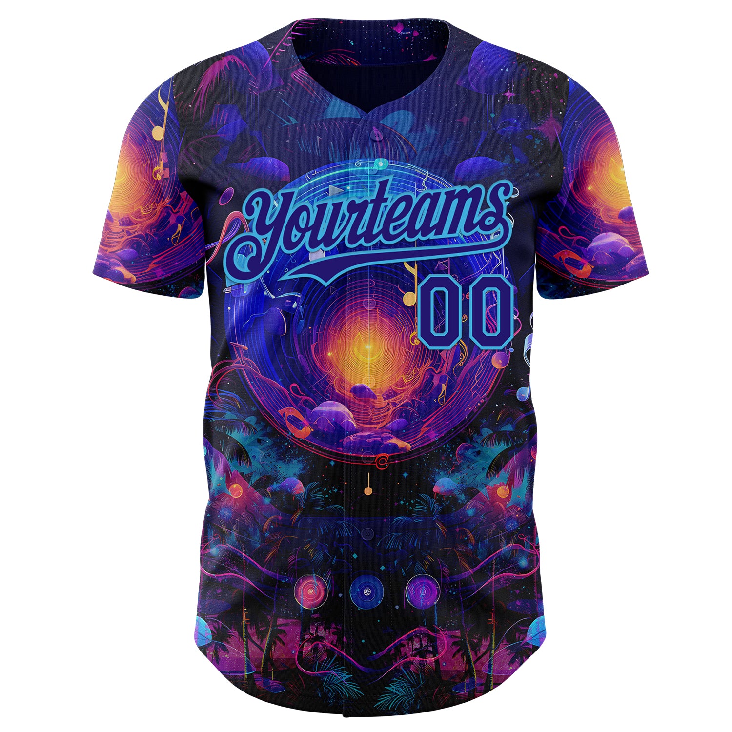 Custom Blue Dark Purple-Sky Blue Cyber Tropical Palm Trees Music Festival Cosmic Nebula Authentic Baseball Jersey