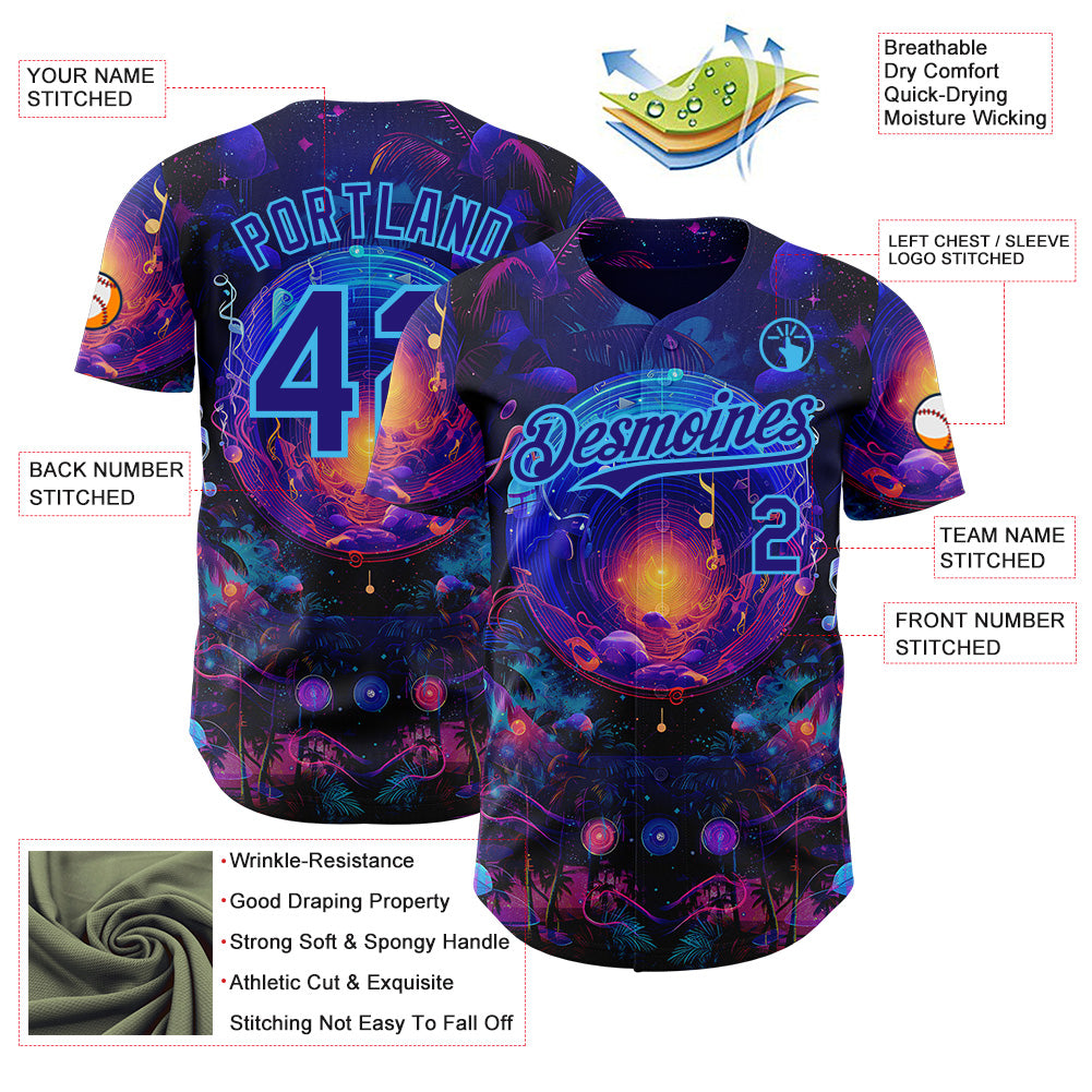 Custom Blue Dark Purple-Sky Blue Cyber Tropical Palm Trees Music Festival Cosmic Nebula Authentic Baseball Jersey