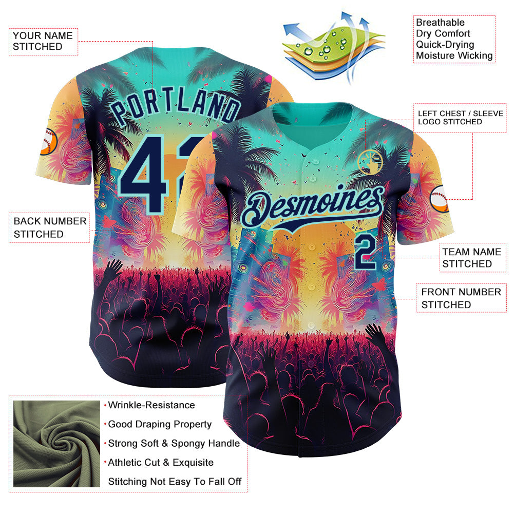 Custom Ice Blue-Navy Cyber Tropical Palm Trees Music Festival Authentic Baseball Jersey